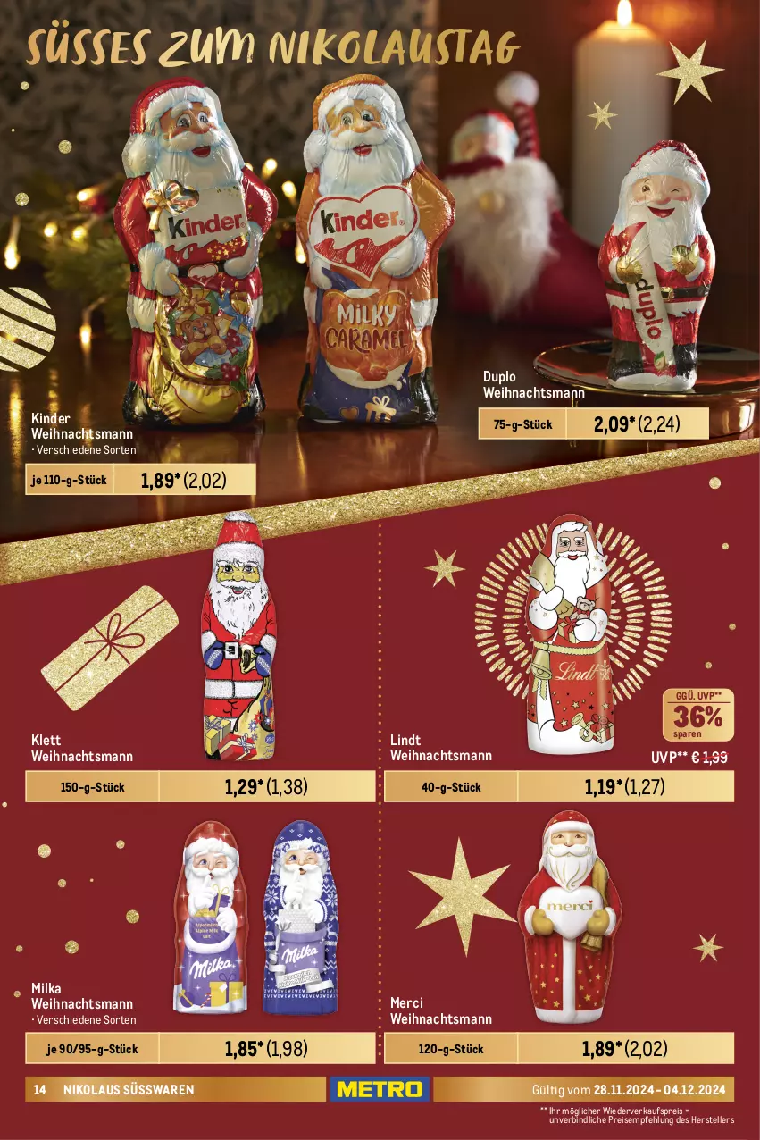 Aktueller Prospekt Metro - Food-Nonfood - von 28.11 bis 04.12.2024 - strona 14 - produkty: beutel, caramel, duplo, eis, elle, haselnuss, Kinder, Kinder Maxi, lindt, mandel, mandeln, merci, milka, nuss, Plüsch, reis, salz, schoko, süsswaren, teller, Ti