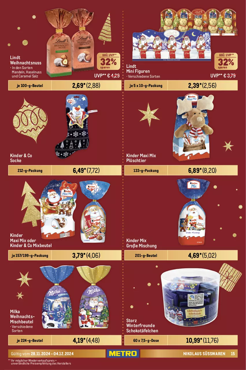 Aktueller Prospekt Metro - Food-Nonfood - von 28.11 bis 04.12.2024 - strona 15 - produkty: beutel, caramel, duplo, eis, elle, haselnuss, Kinder, Kinder Maxi, lindt, mandel, mandeln, merci, milka, nuss, Plüsch, reis, salz, schoko, süsswaren, teller, Ti