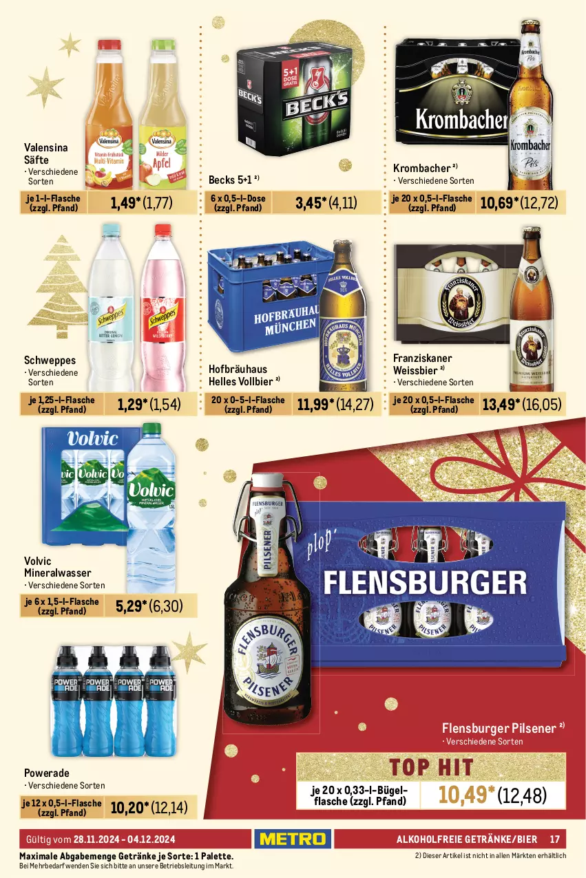 Aktueller Prospekt Metro - Food-Nonfood - von 28.11 bis 04.12.2024 - strona 17 - produkty: alkohol, alkoholfreie getränke, Alwa, becks, beutel, bier, bügel, burger, cantuccini, cin, coupon, daim, eis, elle, ferrero, Ferrero Küsschen, flasche, flensburger, franziskaner, getränk, getränke, haribo, krombache, krombacher, Manner, mineralwasser, Palette, pils, pilsener, pralinen, pringles, ring, säfte, salz, schogetten, schweppes, storck, Ti, toffifee, tuc, valensina, volvic, waffeln, wasser, weissbier