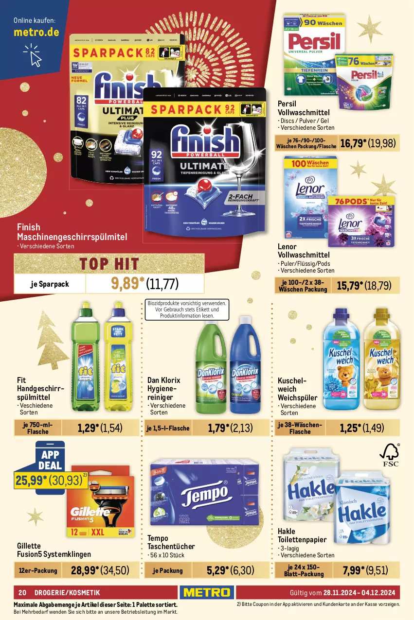 Aktueller Prospekt Metro - Food-Nonfood - von 28.11 bis 04.12.2024 - strona 20 - produkty: akku, auer, auto, Behälter, beutel, bodenstaubsauger, coupon, Dyson, edelstahl, eis, Elektro, elle, Finish, flasche, fusion5, geschirr, geschirrspülmittel, gillette, hakle, hakle toilettenpapier, kosmetik, kraft, Kuschelweich, lack, lenor, mac, Metro, Palette, papier, persil, Pinsel, Pods, reiniger, Reinigung, reis, rum, schlauch, sonderposten, spülmittel, staubsauger, Systemklingen, Tasche, taschen, taschentücher, teller, Tempo, Ti, Tiere, tisch, toilettenpapier, Trockensauger, tücher, vollwaschmittel, wandhalterung, waschmittel, wasser, weichspüler