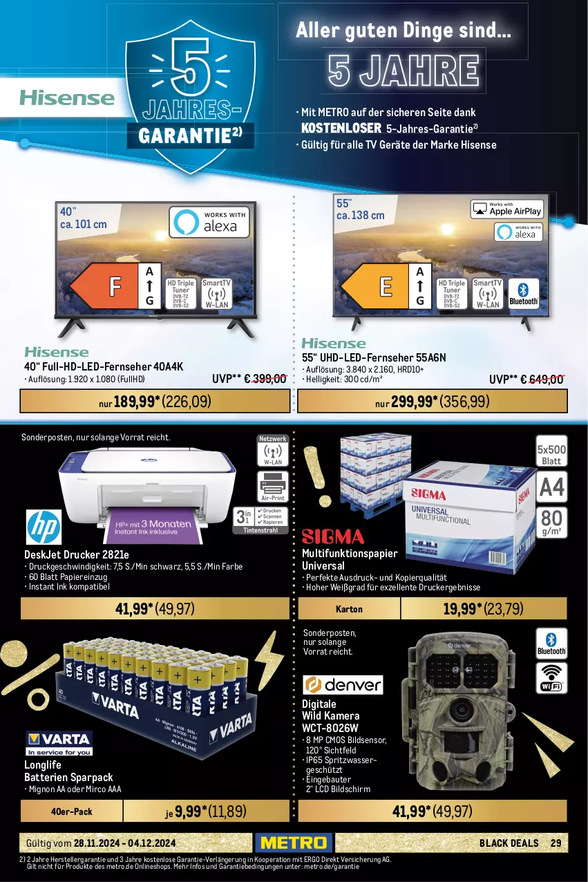 Aktueller Prospekt Metro - Food-Nonfood - von 28.11 bis 04.12.2024 - strona 29 - produkty: asti, auer, batterie, batterien, Bau, besteck, bio, Brei, drucker, duni, elle, ente, fernseher, gabel, hisense, kamera, lack, Löffel, longlife, messer, Metro, papier, rwe, Serviette, servietten, sonderposten, tee, Teelicht, teelichte, teller, Ti, tisch, tuc, uhd, wasser, Wild