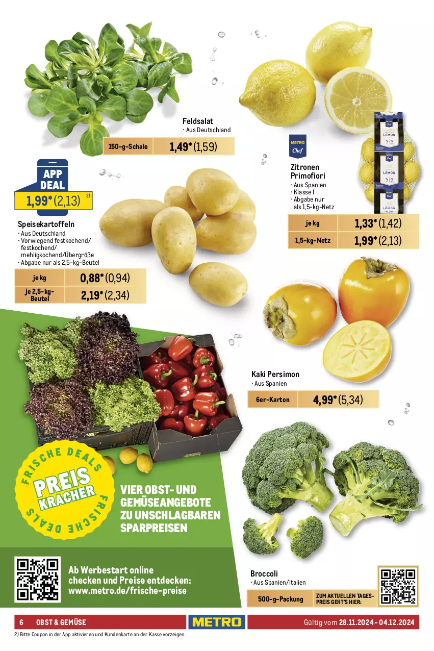 Aktueller Prospekt Metro - Food-Nonfood - von 28.11 bis 04.12.2024 - strona 6 - produkty: angebot, angebote, auer, beutel, broccoli, clementinen, coupon, decke, eis, elinas, elle, erdnüsse, feldsalat, frucht, früchte, jumbo, Kaki, kartoffel, kartoffeln, mehl, Metro, navelina, obst, orange, orangen, reis, saft, salat, Schal, Schale, sim, speisekartoffeln, Ti, und gemüse, zitrone, zitronen