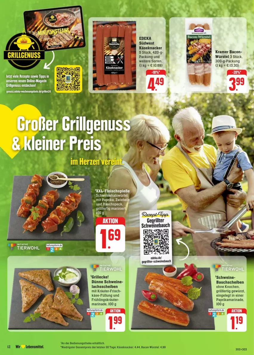 Aktueller Prospekt Edeka - Prospekte - von 17.08 bis 24.08.2024 - strona 12 - produkty: bacon, Bau, bauchscheiben, deka, eis, fleisch, Fleischspieße, gewürz, grill, Käse, knacker, kräuter, lachs, leine, LG, marinade, mit paprika, paprika, Rauch, reis, schwein, schweine, Speck, südwest, Ti, wein, weine, würfel, zwiebel