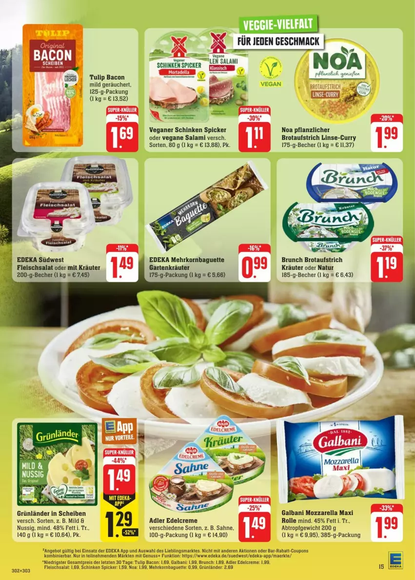 Aktueller Prospekt Edeka - Prospekte - von 17.08 bis 24.08.2024 - strona 17 - produkty: angebot, aufstrich, bacon, baguette, Becher, brot, brotaufstrich, creme, curry, deka, edelcreme, eis, fleisch, fleischsalat, galbani, Garten, grünländer, korn, kräuter, mac, mozzarella, natur, nuss, rel, sahne, salami, salat, schinken, schinken spicker, Schinkenspicker, südwest, Ti, tulip