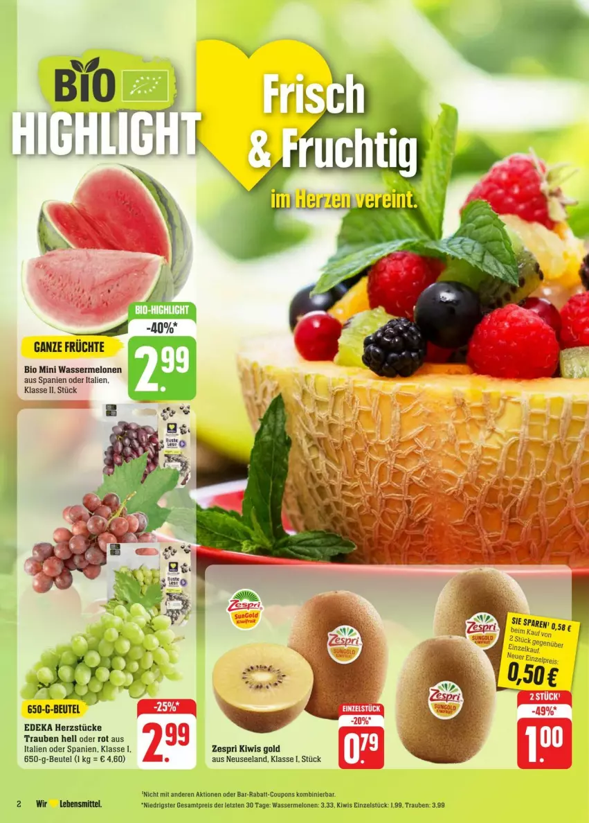 Aktueller Prospekt Edeka - Prospekte - von 17.08 bis 24.08.2024 - strona 2 - produkty: beutel, bio, coupon, coupons, deka, eis, Elan, früchte, kiwi, lebensmittel, melone, melonen, mini wassermelonen, rabatt-coupon, reis, Ti, trauben, wasser, wassermelone, wassermelonen, zespri, ZTE