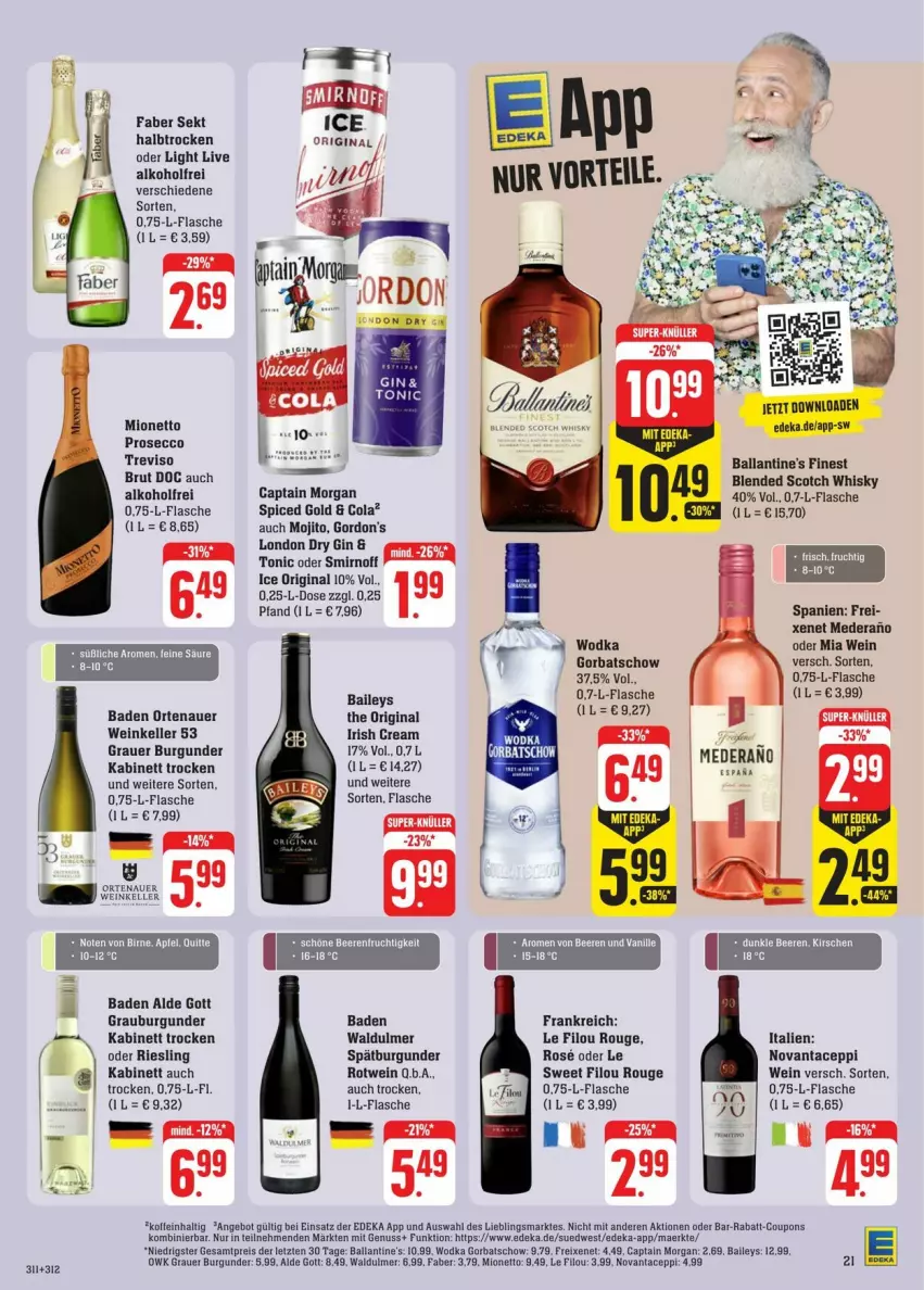 Aktueller Prospekt Edeka - Prospekte - von 17.08 bis 24.08.2024 - strona 23 - produkty: alkohol, angebot, auer, Bad, baileys, ball, Ballantine's, blended scotch, blended scotch whisky, brut, burgunder, Cap, captain morgan, cola, coupon, coupons, deka, dry gin, ecco, elle, flasche, freixenet, gin, gordon, gordon's, grauburgunder, grauer burgunder, kabinett, london dry, london dry gin, mionetto, mojito, nuss, ortenauer, prosecco, rabatt-coupon, Rana, riesling, rotwein, rouge, scotch, scotch whisky, sekt, smirnoff, spätburgunder, Ti, tonic, wein, whisky, wodka, ZTE