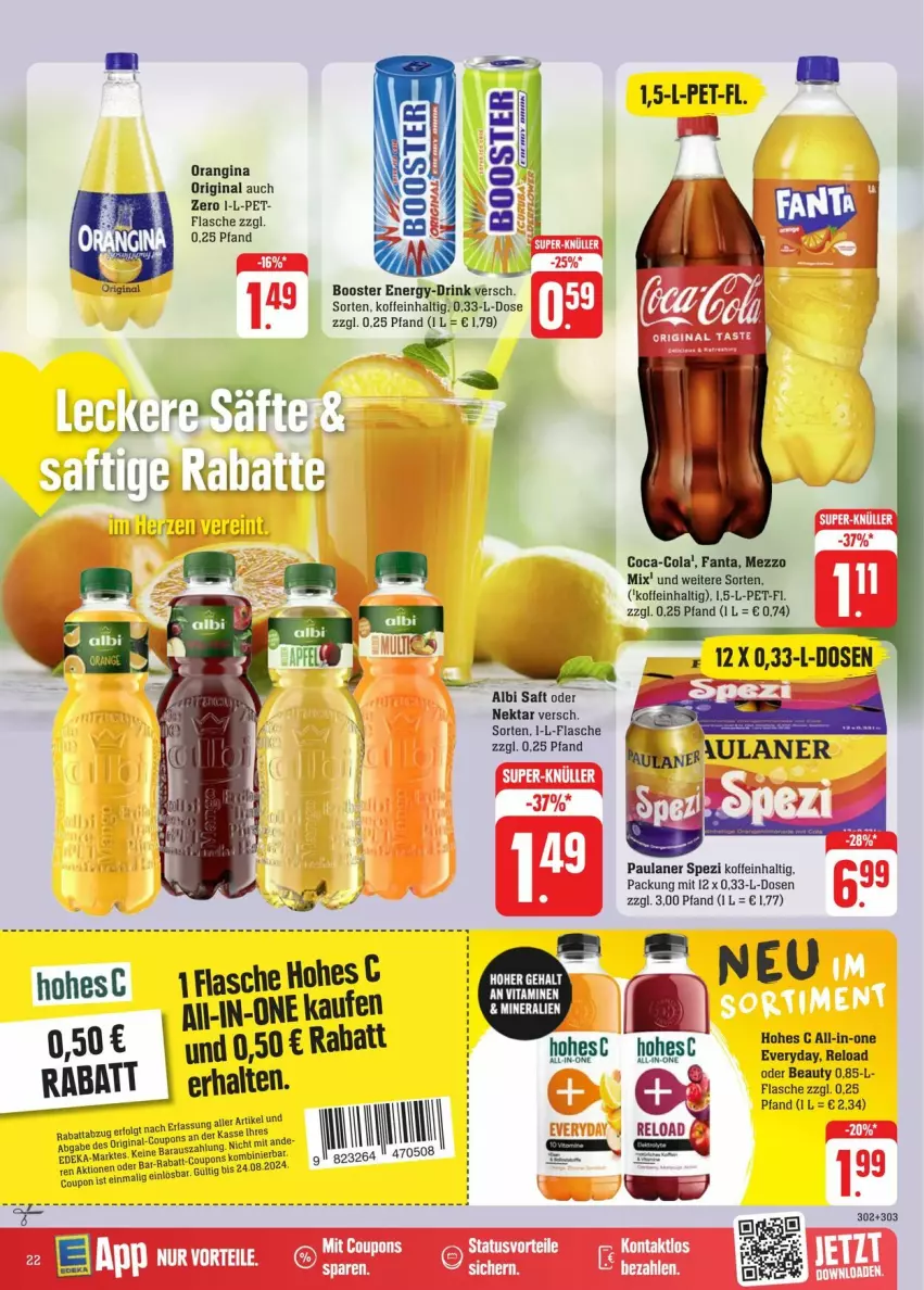 Aktueller Prospekt Edeka - Prospekte - von 17.08 bis 24.08.2024 - strona 24 - produkty: coca-cola, cola, coupon, drink, fanta, flasche, gin, Hohes C, Mezzo Mix, Nektar, orangina, Paula, paulaner, saft, säfte, Spezi, Ti, vita, Vitamine