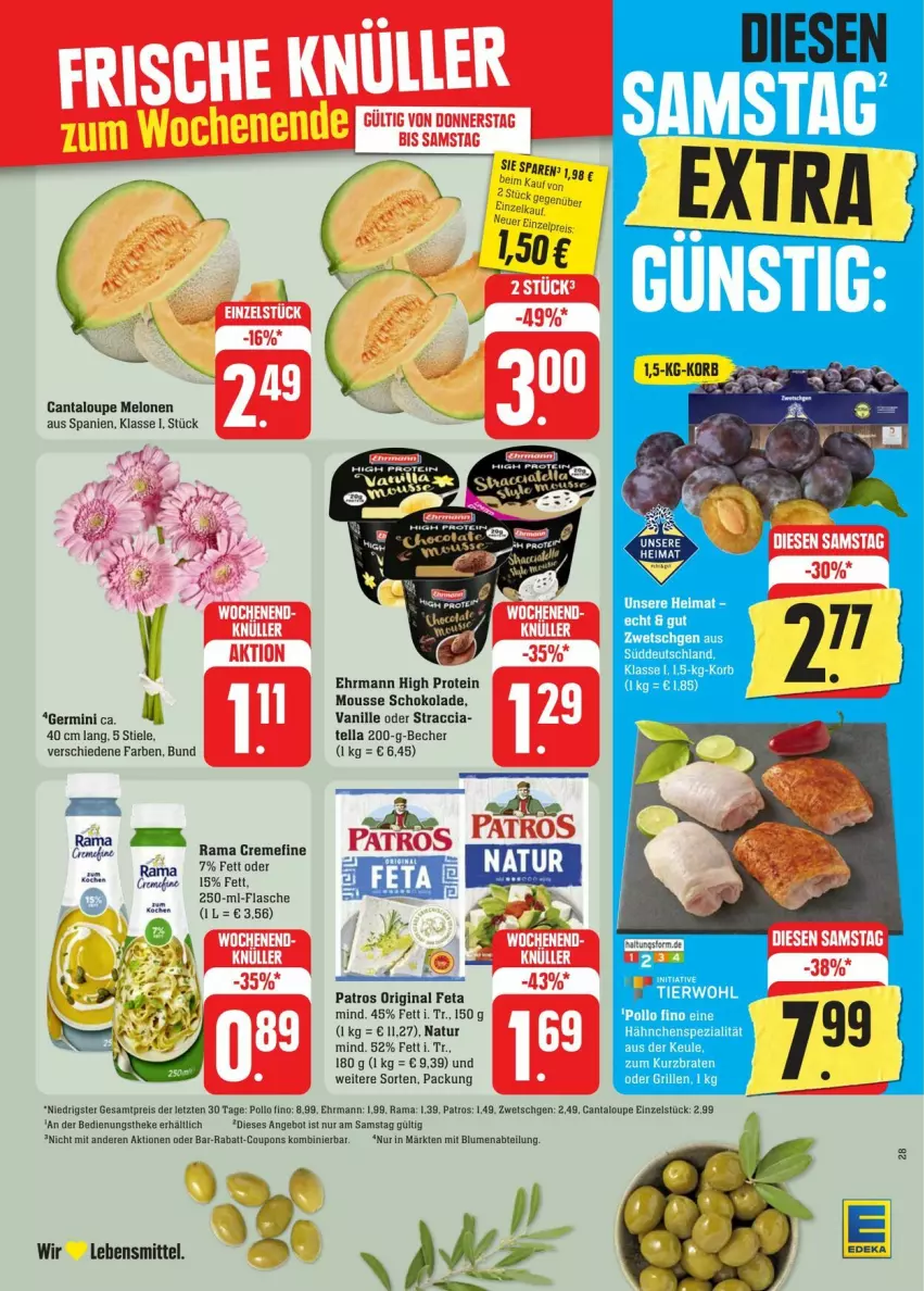 Aktueller Prospekt Edeka - Prospekte - von 17.08 bis 24.08.2024 - strona 30 - produkty: Abtei, ACC, angebot, Becher, blume, blumen, braten, coupon, coupons, creme, deka, ehrmann, eier, eis, feta, flasche, Germ, gin, korb, lebensmittel, melone, melonen, mousse, natur, patros, Pollo Fino, rabatt-coupon, rama, rama cremefine, reis, schoko, schokolade, Spezi, Ti, vanille, ZTE