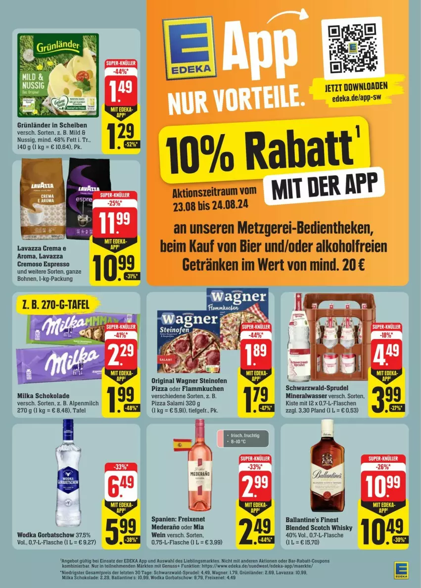 Aktueller Prospekt Edeka - Prospekte - von 17.08 bis 24.08.2024 - strona 35 - produkty: alkohol, alpenmilch, Alwa, angebot, ball, bier, blended scotch, blended scotch whisky, bohne, bohnen, coupon, coupons, deka, eis, espresso, flammkuchen, flasche, freixenet, getränk, getränke, gin, Gorbatschow, grünländer, kuchen, lamm, lavazza, milch, milka, milka schokolade, mineralwasser, nuss, Ofen, pizza, rabatt-coupon, reis, salami, schoko, schokolade, scotch, scotch whisky, Sprudel, steinofen, steinofen pizza, Ti, wagner, wasser, wein, whisky, wodka, ZTE