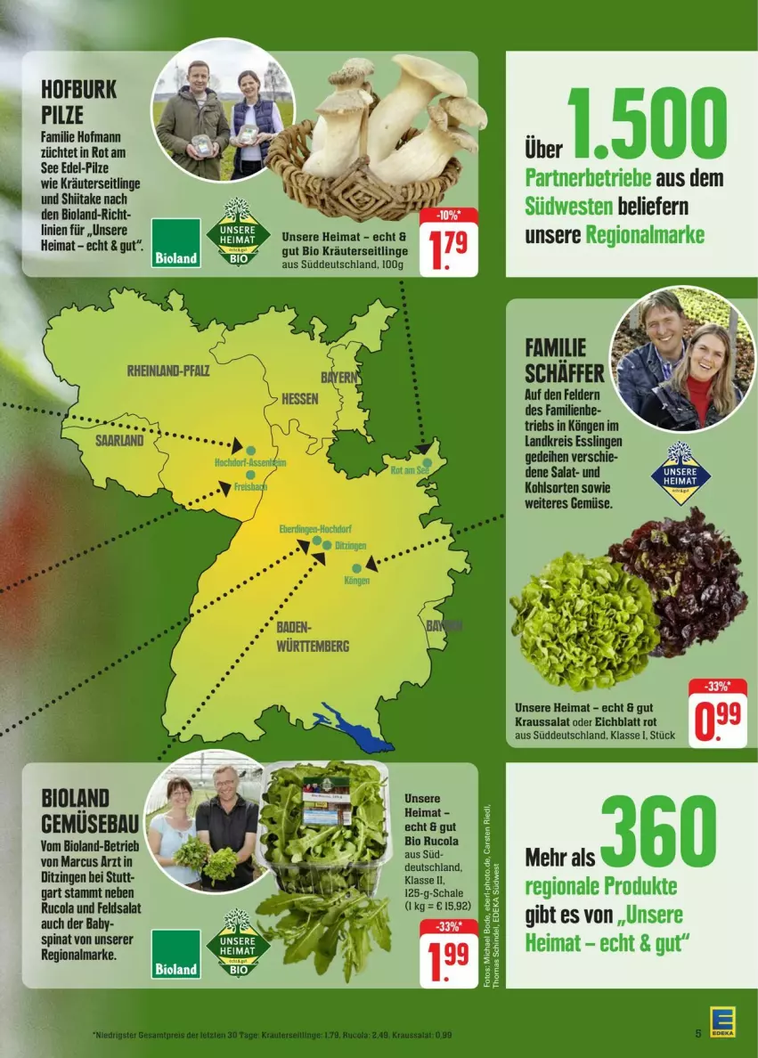 Aktueller Prospekt Edeka - Prospekte - von 17.08 bis 24.08.2024 - strona 5 - produkty: arla, Bau, bio, bioland, cola, eis, feldsalat, Kraussalat, kräuter, Kräuterseitlinge, ndk, pilze, reis, rucola, salat, Schal, Schale, spinat, südwest, Weste