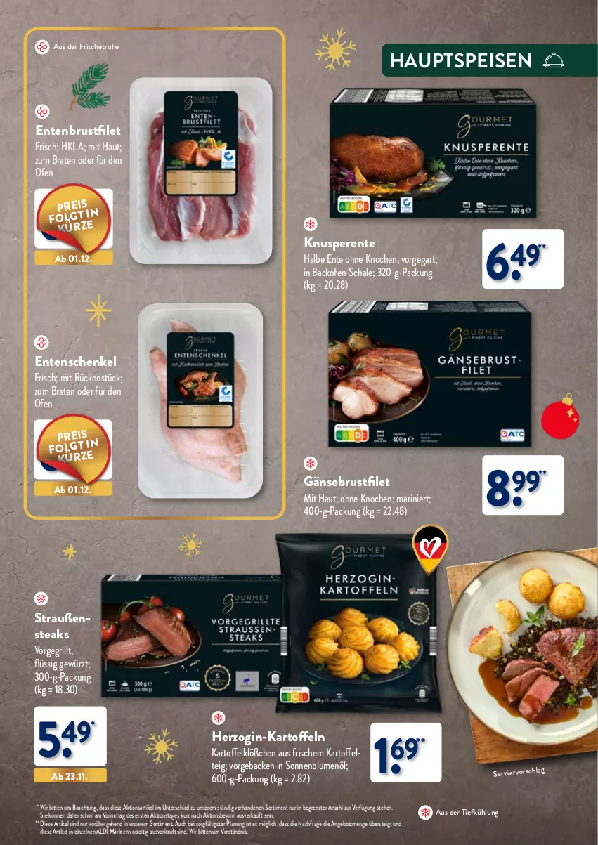 Aktueller Prospekt Aldi Nord - Weihnachten: Gourmet 2023 - von 05.11 bis 30.11.2023 - strona 17 - produkty: aldi, angebot, aus der tiefkühlung, backofen, blume, blumen, blumenöl, braten, brustfilet, eis, ente, Entenbrust, Entenschenkel, filet, Gänsebrust, geback, gewürz, gin, grill, henkel, kartoffel, kartoffeln, LG, Ofen, reis, Schal, Schale, schenkel, steak, steaks, Ti, ZTE