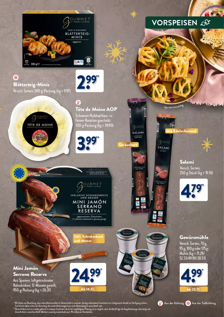 Aktueller Prospekt Aldi Nord - Weihnachten: Gourmet 2023 - von 05.11 bis 30.11.2023 - strona 5 - produkty: aldi, angebot, aus der tiefkühlung, blätterteig, eis, gewürz, Gewürzmühle, gin, hartkäse, jamón serrano, Käse, messer, salami, schinken, serrano, Tête de Moine, Ti, vorspeise, ZTE