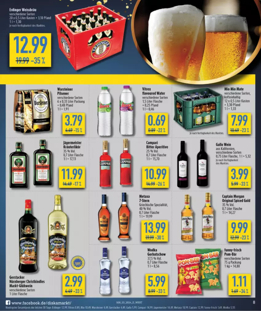 Aktueller Prospekt Diska - Prospekte - von 15.01 bis 20.01.2024 - strona 8 - produkty: ball, Berger, Cap, captain morgan, eis, erdinger, flasche, funny-frisch, Germ, gin, Glühwein, Gorbatschow, jägermeister, Kindle, kräuter, kräuterlikör, leine, likör, Meister, Mio Mio, nürnberger, original spiced gold, pils, pilsener, pom-bär, reis, Spezi, steiner, Ti, vitrex, warsteiner, wein, wodka, ZTE