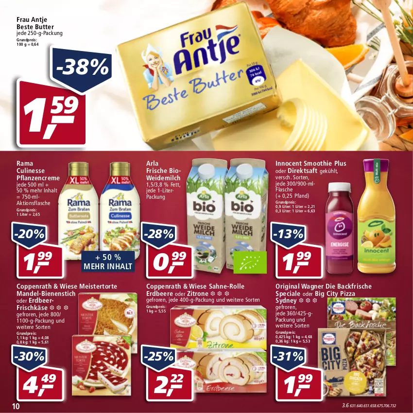 Aktueller Prospekt Real - von 28.03 bis 02.04.2022 - strona 10 - produkty: arla, beere, beste butter, bio, butter, coppenrath, creme, culinesse, direktsaft, eis, erdbeere, flasche, frau antje, frischkäse, gin, Innocent, Käse, mandel, Meister, milch, original wagner, pflanze, pflanzen, pflanzencreme, pizza, rama, Rama Culinesse, reis, saft, sahne, smoothie, Ti, torte, wagner, weidemilch, zitrone