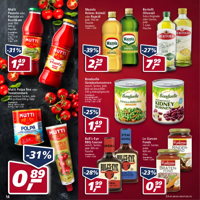 Aktueller Prospekt Real - von 28.03 bis 02.04.2022 - strona 14 - produkty: basilikum, bbq-sauce, bertolli, bonduelle, cin, eis, elle, flasche, Gemüsekonserve, gin, keimöl, Konserven, LG, mazola, Mutti, olive, oliven, olivenöl, olivenöl extra, rapsöl, reis, sauce, saucen, Ti, tomate, tomaten, tomatenmark