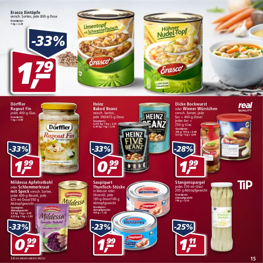 Aktueller Prospekt Real - von 28.03 bis 02.04.2022 - strona 15 - produkty: apfel, beanz, beutel, bockwurst, eintöpfe, eis, erasco, fisch, heinz, Kraut, olive, oliven, olivenöl, Ragout, reis, rotkohl, saupiquet, spargel, Speck, stangenspargel, thunfisch, wasser, wiener, wiener würstchen, wurst, würstchen