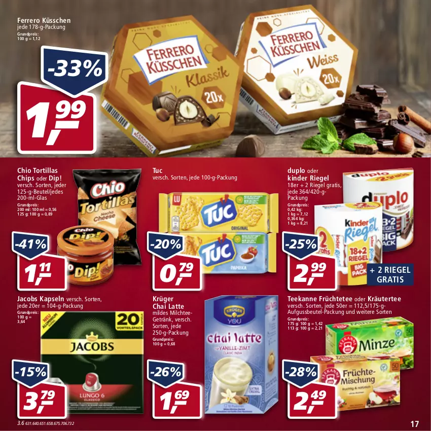 Aktueller Prospekt Real - von 28.03 bis 02.04.2022 - strona 17 - produkty: beutel, chips, dip, duplo, eis, ferrero, Ferrero Küsschen, früchte, Früchtetee, getränk, jacobs, Kinder, kinder riegel, kräuter, krüger, latte, milch, oder kräuter, reis, riegel, tee, teekanne, Ti, tortilla, tortillas, tuc