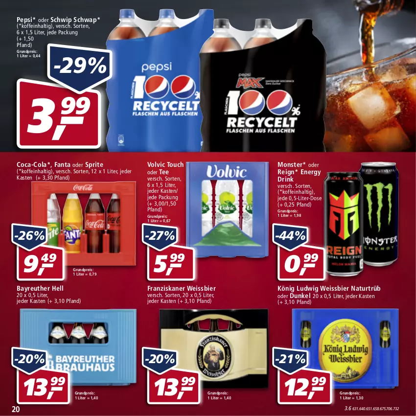 Aktueller Prospekt Real - von 28.03 bis 02.04.2022 - strona 20 - produkty: bier, coca-cola, cola, drink, eis, energy drink, fanta, fanta oder, fanta oder sprite, franziskaner, monster, natur, oder sprite, pepsi, reis, Schwip Schwap, sprite, tee, Ti, volvic, weissbier