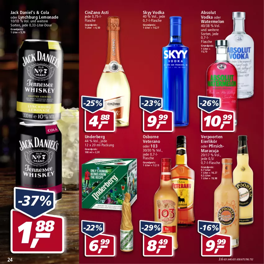 Aktueller Prospekt Real - von 28.03 bis 02.04.2022 - strona 24 - produkty: Absolut Vodka, asti, cin, cinzano, Cinzano Asti, cola, eier, eierlikör, eis, flasche, jack daniel, lemonade, likör, maracuja, osborne, pfirsich, reis, skyy, Skyy Vodka, Ti, underberg, verpoorten, veterano, vodka