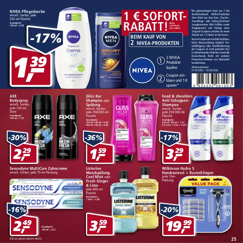 Aktueller Prospekt Real - von 28.03 bis 02.04.2022 - strona 25 - produkty: axe, body, bodyspray, coupon, coupons, creme, deo, dusche, eier, eis, flasche, gin, ginger, gliss, gliss kur, haarpflege, listerine, mint, mundspülung, nivea, pflegedusche, rasierer, Rasierklinge, rasierklingen, reis, sensodyne, shampoo, shampoo oder spülung, sofortrabatt, spülung, Ti, Tiere, wilkinson, zahncreme