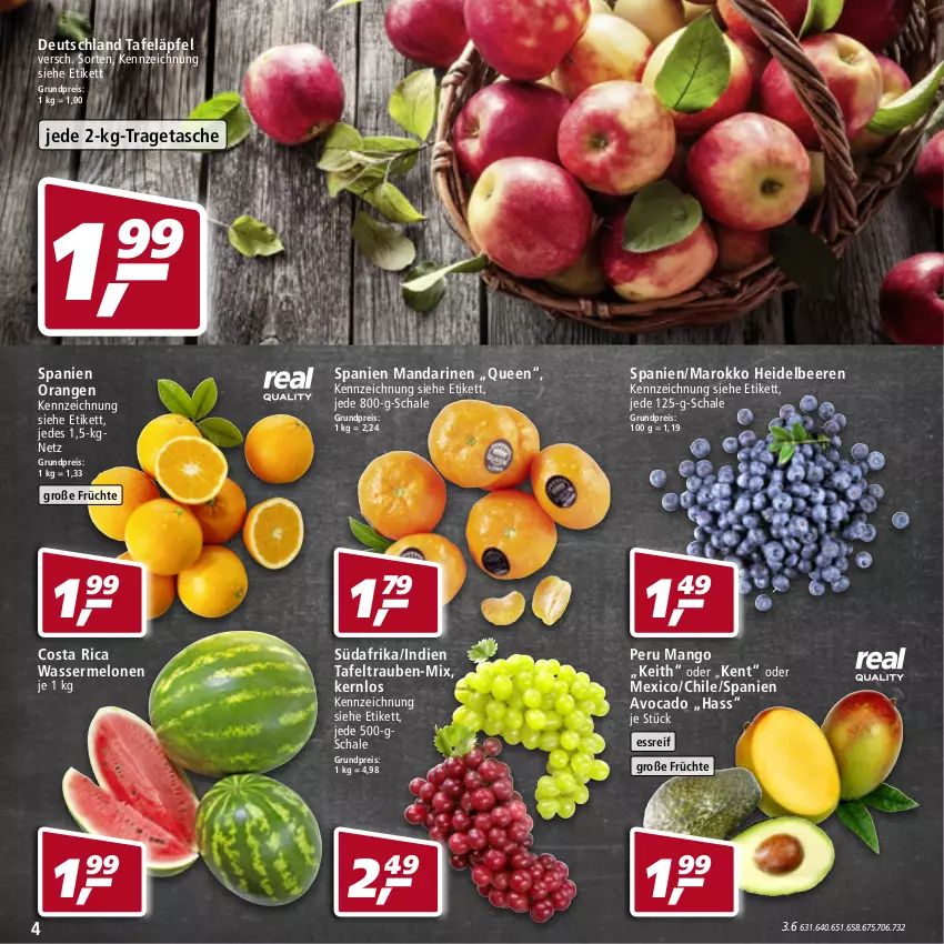 Aktueller Prospekt Real - von 28.03 bis 02.04.2022 - strona 4 - produkty: avocado, beere, beeren, eis, früchte, heidelbeere, heidelbeeren, mandarine, mandarinen, mango, melone, melonen, orange, orangen, reis, Schal, Schale, tafeläpfel, tafeltrauben, Tasche, Ti, tragetasche, trauben, wasser, wassermelone, wassermelonen