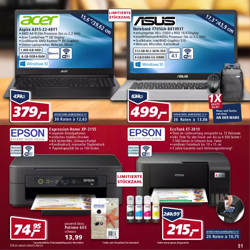 Aktueller Prospekt Real - von 28.03 bis 02.04.2022 - strona 51 - produkty: acer, AMD Radeon, asus, deo, eis, elle, ente, epson, HD Graphics, HDD, Intel, lautsprecher, Maus, notebook, papier, Pentium, radeon, reis, rum, spiegel, ssd, Tasche, teller, Ti