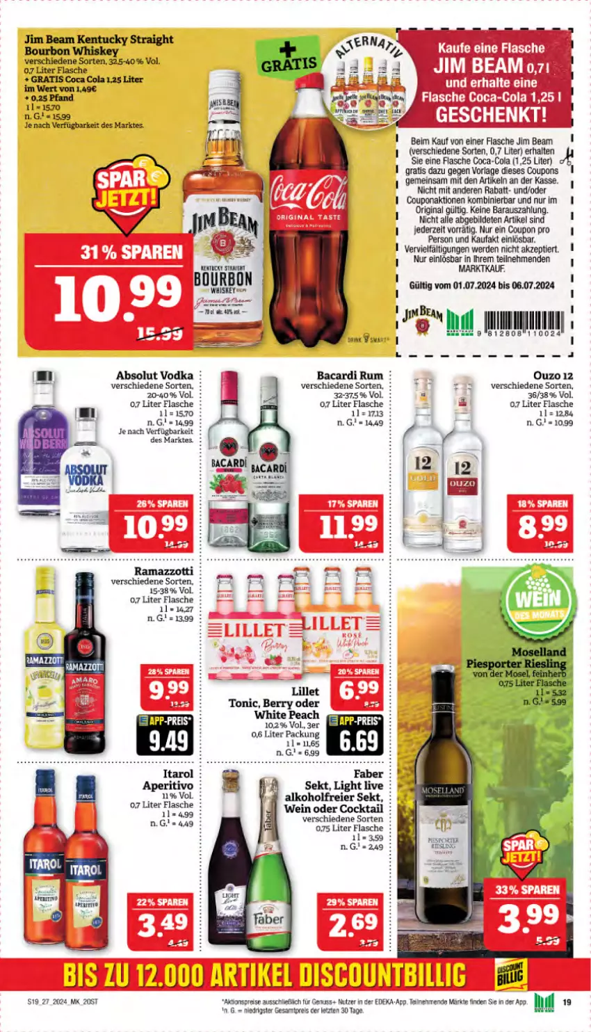 Aktueller Prospekt Marktkauf - Prospekt - von 30.06 bis 06.07.2024 - strona 19 - produkty: Absolut Vodka, aktionspreis, alkohol, bacardi, bourbon, bourbon whiskey, coca-cola, cocktail, cola, coupon, coupons, deka, eier, eis, erde, flasche, gin, jim beam, kentucky straight, lillet, nuss, ouzo, reis, rum, sekt, Ti, tonic, tuc, vodka, wein, whiskey, ZTE