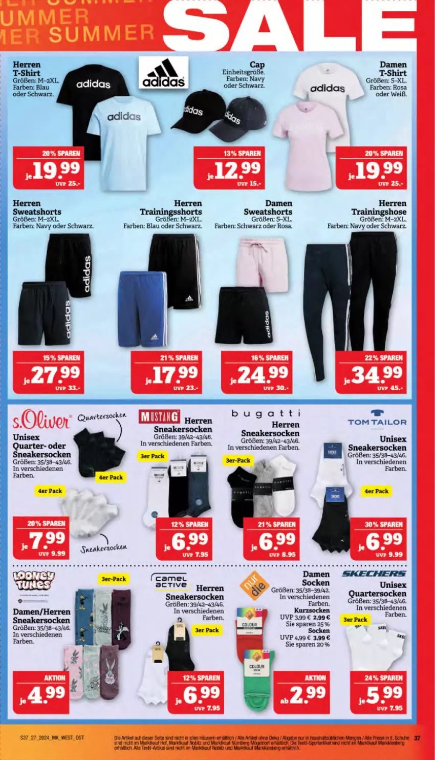 Aktueller Prospekt Marktkauf - Prospekt - von 30.06 bis 06.07.2024 - strona 37 - produkty: Adidas, aust, bugatti, Cap, damen t-shirt, eis, hose, reis, shirt, shorts, sneaker, sneakersocken, socken, Sport, sweatshorts, T-Shirt, Ti, tom tailor, Trainingshose