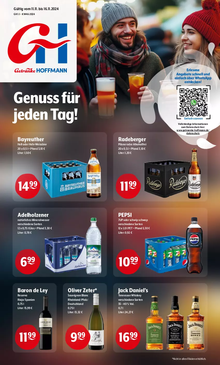 Aktueller Prospekt Getraenke Hoffmann - Prospekte - von 11.11 bis 16.11.2024 - strona 1 - produkty: 7UP, adelholzener, alkohol, Alwa, angebot, angebote, Berger, bier, decke, eis, Hefe, Holz, jack daniel, Jack Daniel’s, mineralwasser, natürliches mineralwasser, nuss, olive, pepsi, pils, pilsner, radeberger, rioja, sauvignon, sauvignon blanc, Schwip Schwap, tennessee whiskey, Ti, wasser, weissbier, whiskey