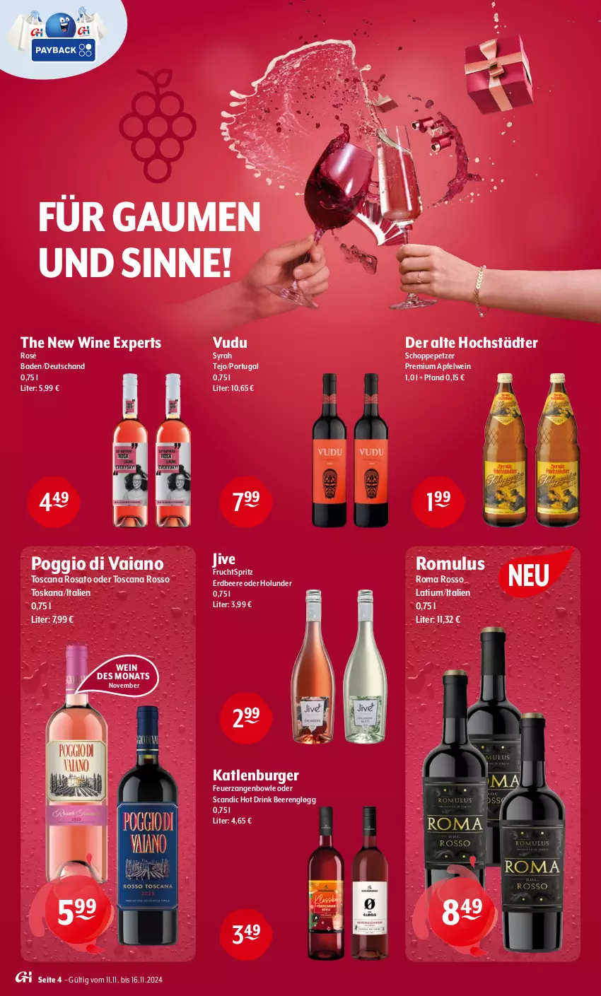 Aktueller Prospekt Getraenke Hoffmann - Prospekte - von 11.11 bis 16.11.2024 - strona 4 - produkty: apfel, apfelwein, Bad, beere, beeren, bowle, burger, drink, erdbeere, frucht, holunder, katlenburger, rosato, Ti, wein, Zangen