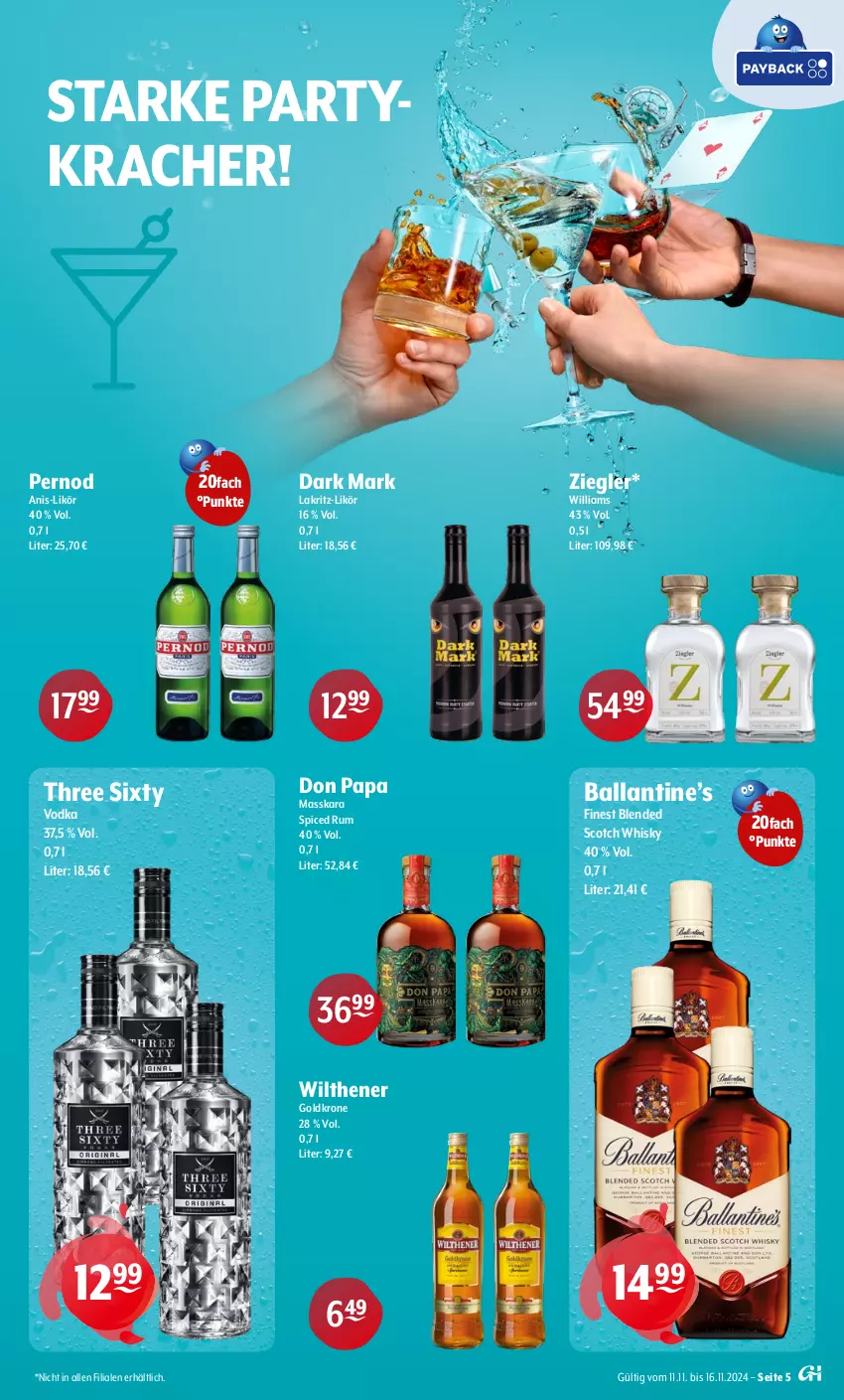 Aktueller Prospekt Getraenke Hoffmann - Prospekte - von 11.11 bis 16.11.2024 - strona 5 - produkty: ball, blended scotch, blended scotch whisky, goldkrone, kracher, krone, Lakritz, likör, rum, scotch, scotch whisky, Three Sixty, Ti, vodka, whisky, wilthener, Wilthener Goldkrone