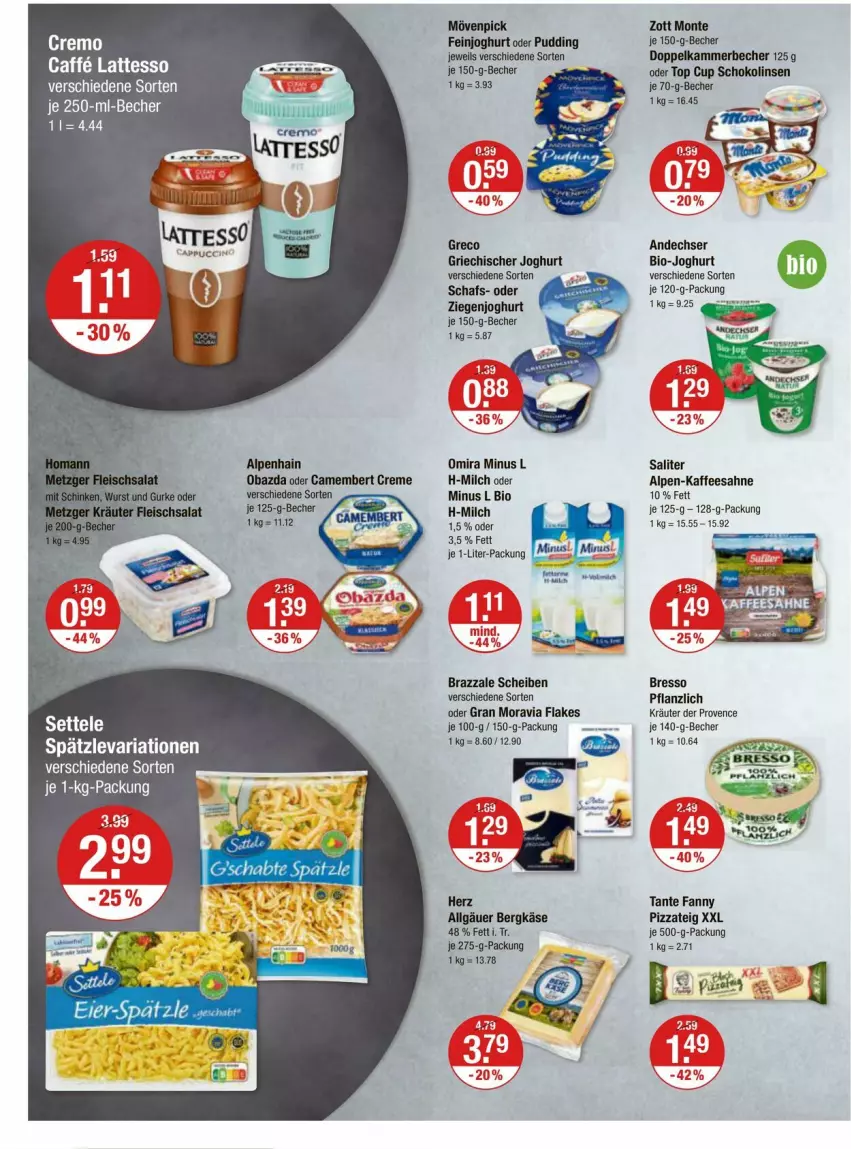 Aktueller Prospekt Vmarkt - Prospekte - von 15.02 bis 21.02.2024 - strona 6 - produkty: Alpenhain, Becher, Bergkäse, bio, bio-joghurt, bresso, caffe, camembert, camembert creme, creme, feinjoghurt, flakes, Griechischer Joghurt, joghur, joghurt, kaffee, Käse, kräuter, latte, lattesso, LG, linsen, milch, monte, mövenpick, obazda, pizza, Pizzateig, pudding, Ria, sahne, saliter, schoko, Schokolinsen, tante fanny, Ti, zott, Zott Monte