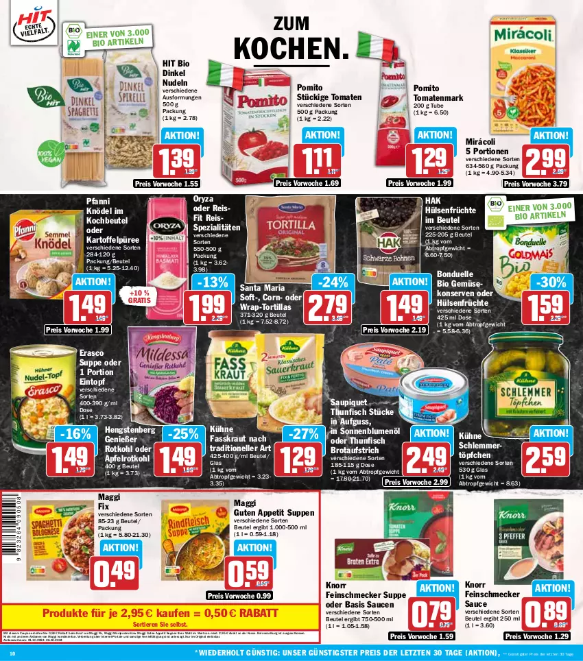 Aktueller Prospekt Hit - Wochenprospekt - von 21.10 bis 26.10.2024 - strona 10 - produkty: apfel, aufstrich, beutel, bio, bio gemüse, blume, blumen, blumenöl, bonduelle, Brei, brot, brotaufstrich, coupon, eintopf, eis, elle, erasco, feinschmecker, fisch, früchte, gin, hengstenberg, hülsenfrüchte, kartoffel, Kartoffelpüree, Knödel, knorr, kochbeutel, Konserven, Kraut, Kühne, maggi, maggi fix, Mirácoli, nudel, nudeln, oryza, pfanni, pomito, püree, reis, reiss, Ria, rotkohl, sauce, saucen, saupiquet, schlemmertöpfchen, senf, sonnenblume, sonnenblumen, sonnenblumenöl, Spezi, suppe, suppen, thunfisch, Ti, Tiere, tomate, tomaten, tomatenmark, topf, Töpfchen, tortilla, tortillas, wrap, ZTE