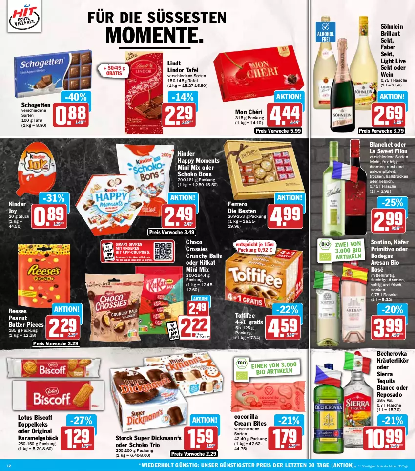 Aktueller Prospekt Hit - Wochenprospekt - von 21.10 bis 26.10.2024 - strona 12 - produkty: ball, Becher, Becherovka, bio, biscoff, bites, brillant sekt, butter, choco crossies, coupon, coupons, crossies, eis, ente, ferrero, flasche, frucht, gin, hero, käfer, keks, Kinder, kitkat, kräuter, kräuterlikör, LG, likör, lindor, lindt, Mon Chéri, peanut butter, primitivo, reis, resa, saft, schogetten, schoko, sekt, Sierra, sierra tequila, söhnlein, söhnlein brillant, storck, tequila, Ti, toffifee, wein, ZTE