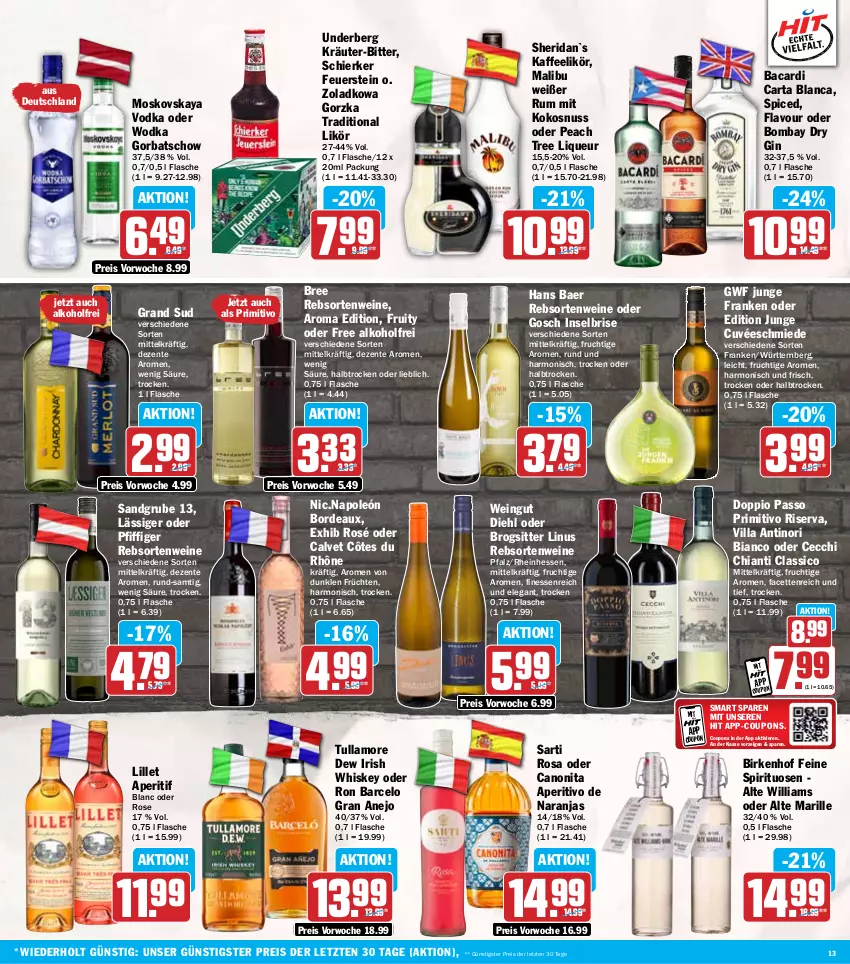 Aktueller Prospekt Hit - Wochenprospekt - von 21.10 bis 26.10.2024 - strona 13 - produkty: alkohol, aperitif, bacardi, bree, canon, chia, chianti, classico, coupon, coupons, cuvée, doppio passo, dry gin, eis, ente, finesse, flasche, frucht, früchte, früchten, gin, Gorbatschow, grand sud, irish whiskey, kaffee, kokos, kokosnuss, kräuter, likör, lillet, liqueur, Malibu, moskovskaya, nuss, passo, primitivo, rebsortenweine, reis, riserva, rum, spirituosen, Ti, tullamore, tullamore dew, underberg, vodka, wein, weine, whiskey, wodka, ZTE