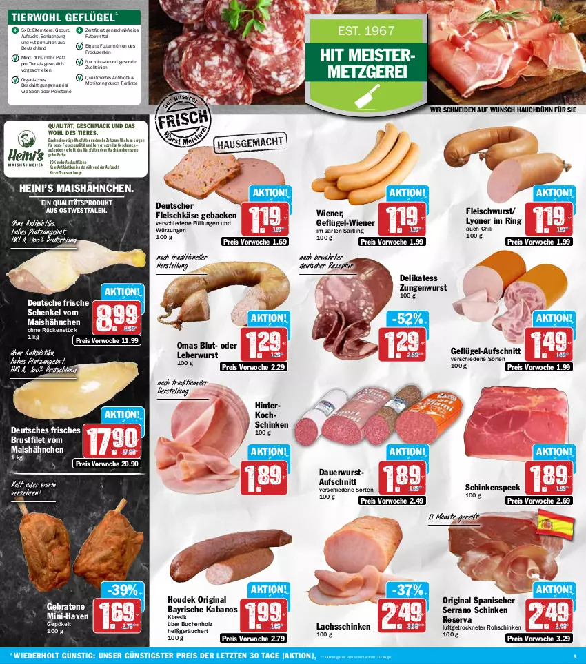 Aktueller Prospekt Hit - Wochenprospekt - von 21.10 bis 26.10.2024 - strona 5 - produkty: angebot, auer, aufschnitt, axe, bio, braten, brustfilet, buch, chili, eis, elle, ente, erde, filet, fleisch, fleischkäse, fleischwurst, geback, Geflügel, gin, Haxe, henkel, hinterkochschinken, Holz, houdek, im zarten saitling, kabanos, Käse, kochschinken, lachs, lachsschinken, leberwurst, lyoner, mac, mais, Meister, monitor, reis, rezept, Ria, ring, rohschinken, schenkel, schinken, schinkenspeck, serrano, serrano schinken, Speck, Sport, Ti, Tiere, wiener, wurst, Yo, ZTE