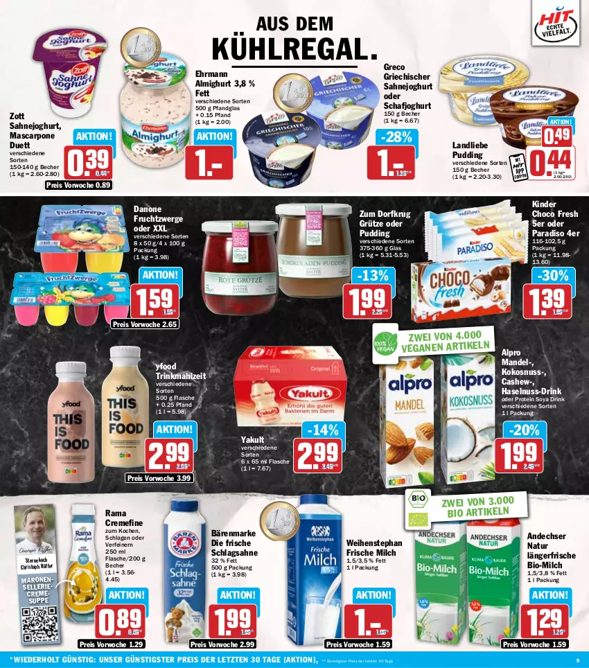 Aktueller Prospekt Hit - Wochenprospekt - von 21.10 bis 26.10.2024 - strona 9 - produkty: almighur, almighurt, alpro, andechser natur, aus dem kühlregal, bärenmarke, Becher, bio, Cashew, choco fresh, coupon, creme, cremesuppe, danone, danone fruchtzwerge, drink, ehrmann, ehrmann almighurt, eis, elle, flasche, frische milch, frucht, fruchtzwerge, grütze, haselnuss, joghur, joghurt, Kinder, Kinder Choco fresh, kokos, kokosnuss, kühlregal, landliebe, mandel, mascarpone, milch, natur, nuss, pudding, rama, rama cremefine, regal, reis, sahne, Sahnejoghurt, schlagsahne, soya, suppe, Ti, weihenstephan, zott, ZTE, Zum Dorfkrug