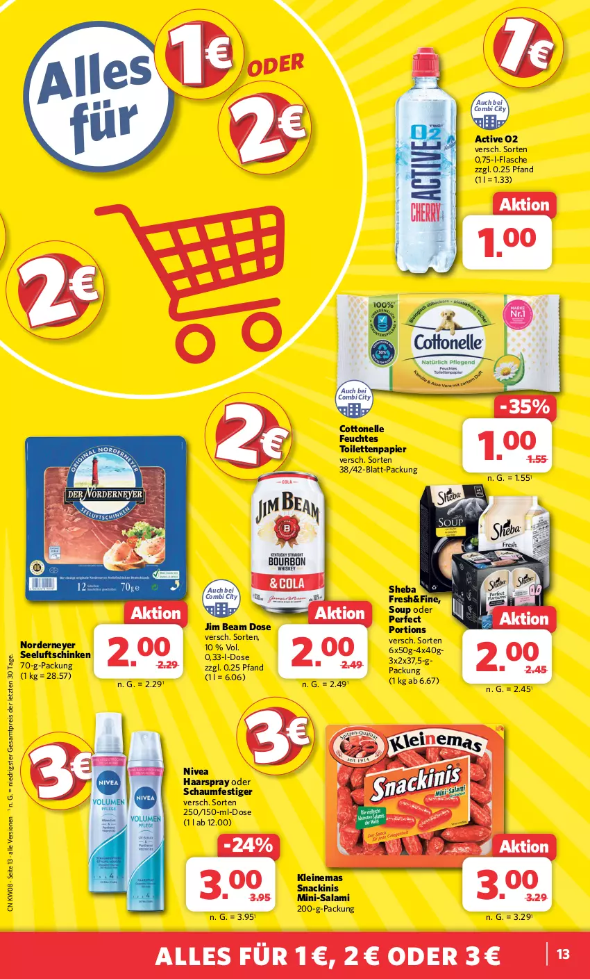 Aktueller Prospekt Combi - Prospekte - von 19.02 bis 24.02.2024 - strona 13 - produkty: cottonelle, eis, elle, flasche, haarspray, jim beam, leine, Mini-Salami, nivea, oder schaumfestiger, papier, reis, salami, schaumfestiger, schinken, Seeluftschinken, sheba, snack, Ti, toilettenpapier, ZTE