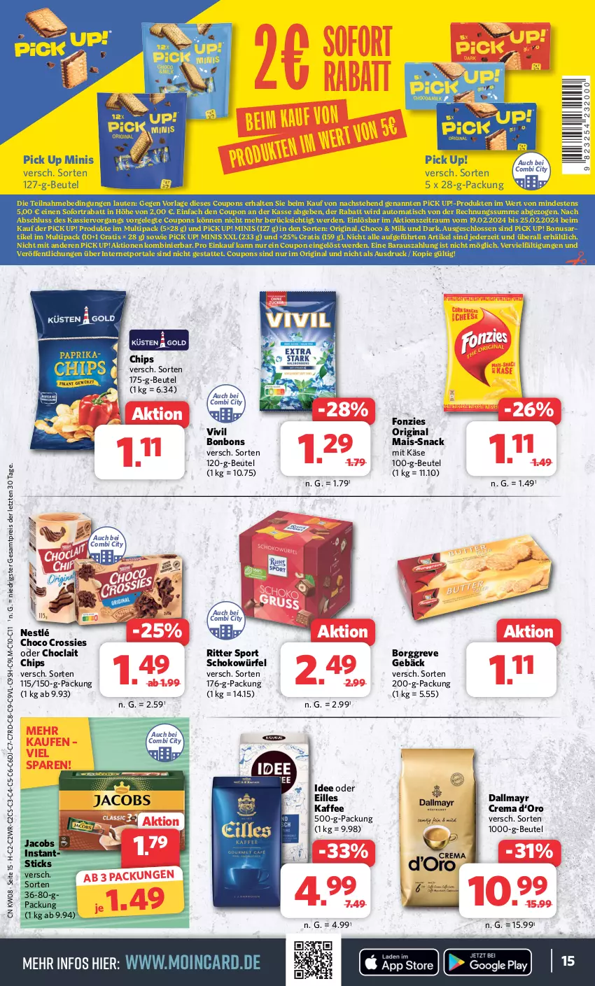 Aktueller Prospekt Combi - Prospekte - von 19.02 bis 24.02.2024 - strona 15 - produkty: auto, beutel, bonbons, chips, choclait chips, choco crossies, coupon, coupons, crossies, dallmayr, eis, erde, gin, jacobs, kaffee, Käse, mais, nestlé, Pick Up!, reis, ritter, ritter sport, schoko, schokowürfel, snack, sofortrabatt, Sport, Ti, tisch, würfel, ZTE