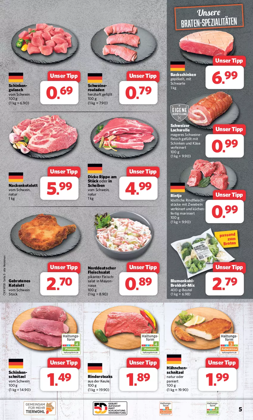 Aktueller Prospekt Combi - Prospekte - von 19.02 bis 24.02.2024 - strona 5 - produkty: beutel, blume, blumen, blumenkohl, braten, brokkoli, eis, fleisch, fleischsalat, gulasch, Käse, kotelett, küche, Küchen, lachs, Lachsrolle, mit zwiebeln, natur, rind, rinder, Rindersteak, rindfleisch, rouladen, salat, schinken, schnitzel, schwein, schweine, Spezi, steak, steaks, Ti, wein, weine, Yo, zwiebel, zwiebeln