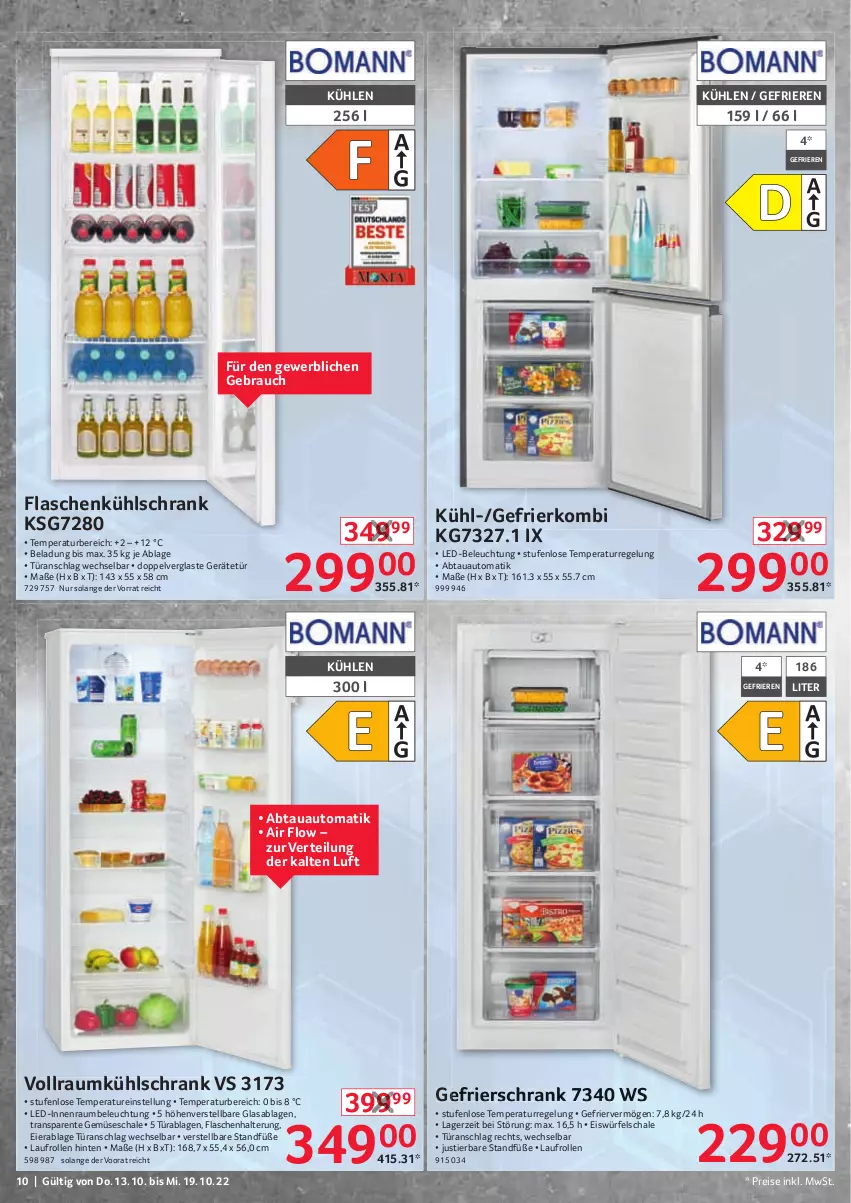 Aktueller Prospekt Selgros - Nonfood - von 13.10 bis 19.10.2022 - strona 10 - produkty: abtauautomatik, auto, beleuchtung, eier, eis, eiswürfel, ente, flasche, gefrierschrank, kühlschrank, led-beleuchtung, Rauch, reis, Schal, Schale, Schrank, Stier, Ti, türanschlag wechselbar, würfel