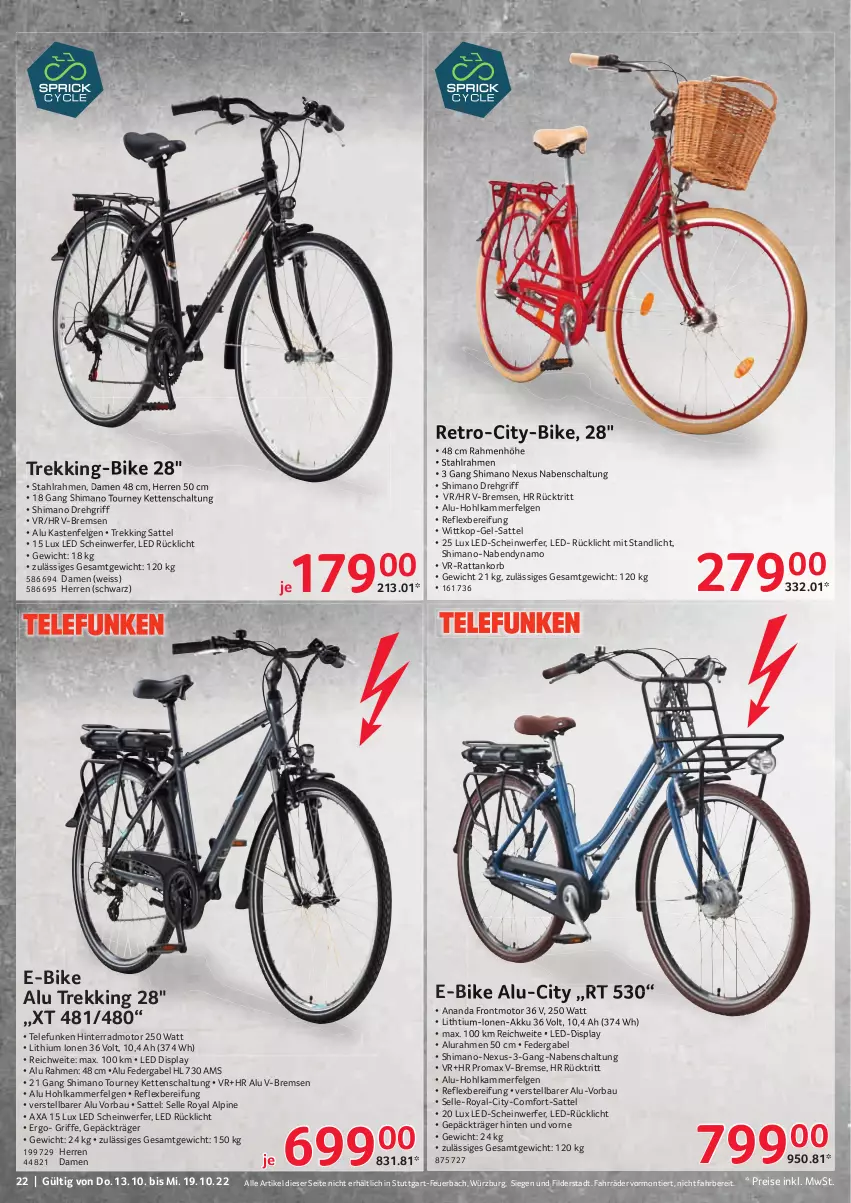 Aktueller Prospekt Selgros - Nonfood - von 13.10 bis 19.10.2022 - strona 22 - produkty: akku, Bau, E-Bike, eis, elle, felgen, gabel, Kette, korb, LG, nabendynamo, nexus, promax, reis, rücklicht, sattel, Schal, shimano, telefunken, Ti