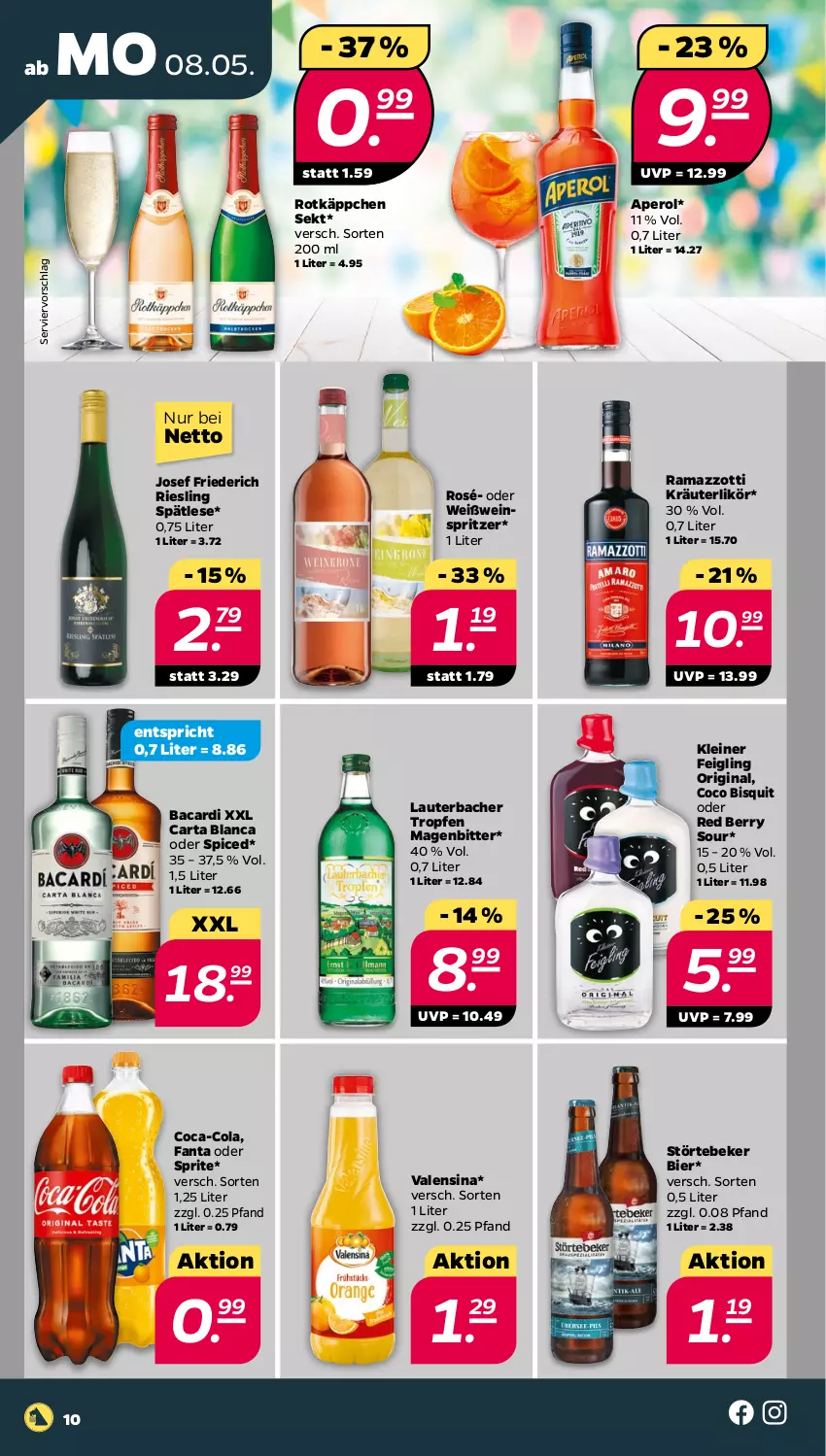 Aktueller Prospekt Netto - Woche 19 - von 08.05 bis 13.05.2023 - strona 10 - produkty: aperol, bacardi, bier, coca-cola, cola, fanta, fanta oder, fanta oder sprite, gin, kleiner feigling, kräuter, kräuterlikör, leine, likör, oder sprite, rama, ramazzott, ramazzotti, riesling, rotkäppchen, sekt, sprite, störtebeker, Ti, valensina, wein, Weißwein, zott