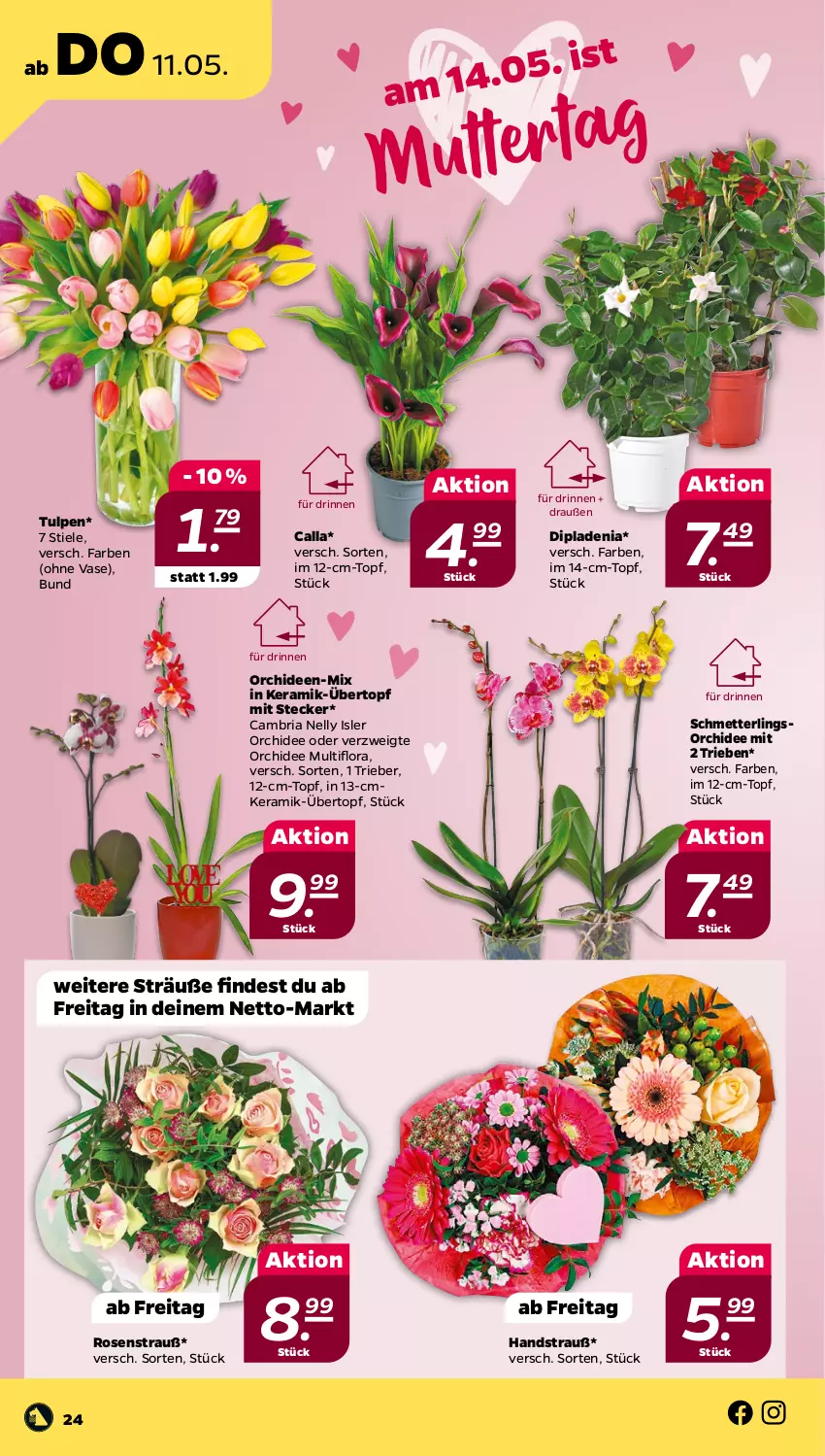 Aktueller Prospekt Netto - Woche 19 - von 08.05 bis 13.05.2023 - strona 24 - produkty: dip, dipladenia, Mett, orchidee, orchideen, Ria, rosen, Rosenstrauß, Schmetterling, schmetterlingsorchidee, Ti, topf, übertopf, Vase