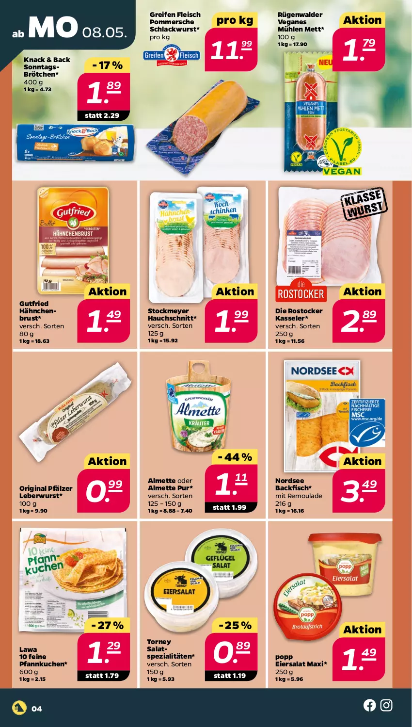 Aktueller Prospekt Netto - Woche 19 - von 08.05 bis 13.05.2023 - strona 4 - produkty: almette, backfisch, brötchen, eier, eiersalat, eis, fisch, fleisch, gin, gutfried, hähnchenbrust, kasseler, kuchen, lack, leberwurst, Mett, Nordsee, Pfannkuchen, Pommersche, Popp, reifen, remoulade, Rostocker, rügenwalder, salat, Sonntagsbrötchen, Spezi, stockmeyer, Ti, wurst