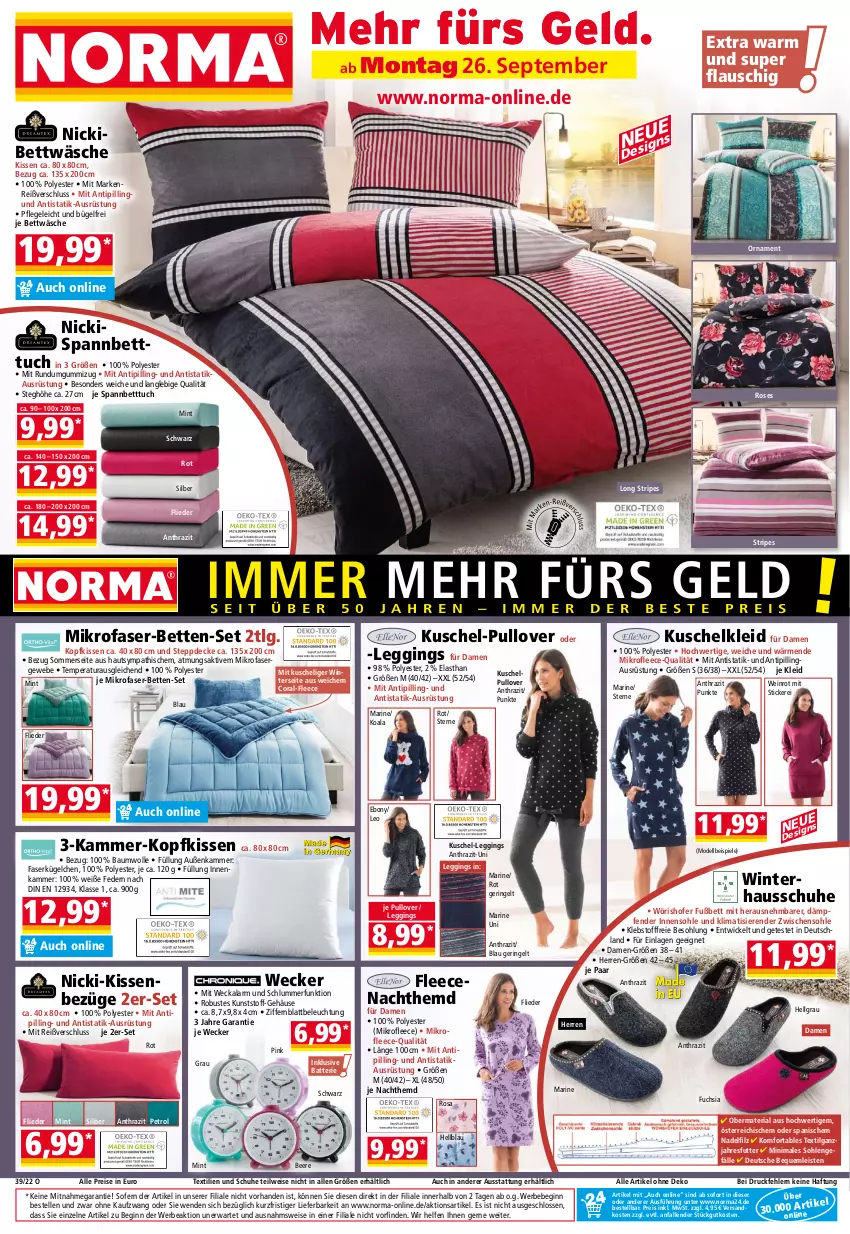 Aktueller Prospekt Norma - Norma - von 26.09 bis 03.10.2022 - strona 1 - produkty: batterie, Bau, baumwolle, Bebe, beere, beleuchtung, bett, Betten, Betttuch, bettwäsche, bügel, Coral, decke, dell, eis, elle, flieder, gin, Hausschuhe, hemd, kissen, kleid, kopfkissen, Kuschelkleid, leggings, LG, mikrofaser, mint, Mode, Nachthemd, ndk, Pullover, reis, Ria, ring, schuhe, spannbetttuch, Spiele, Steppdecke, Ti, Tipi, tuc, weck, wein, WICK, wolle