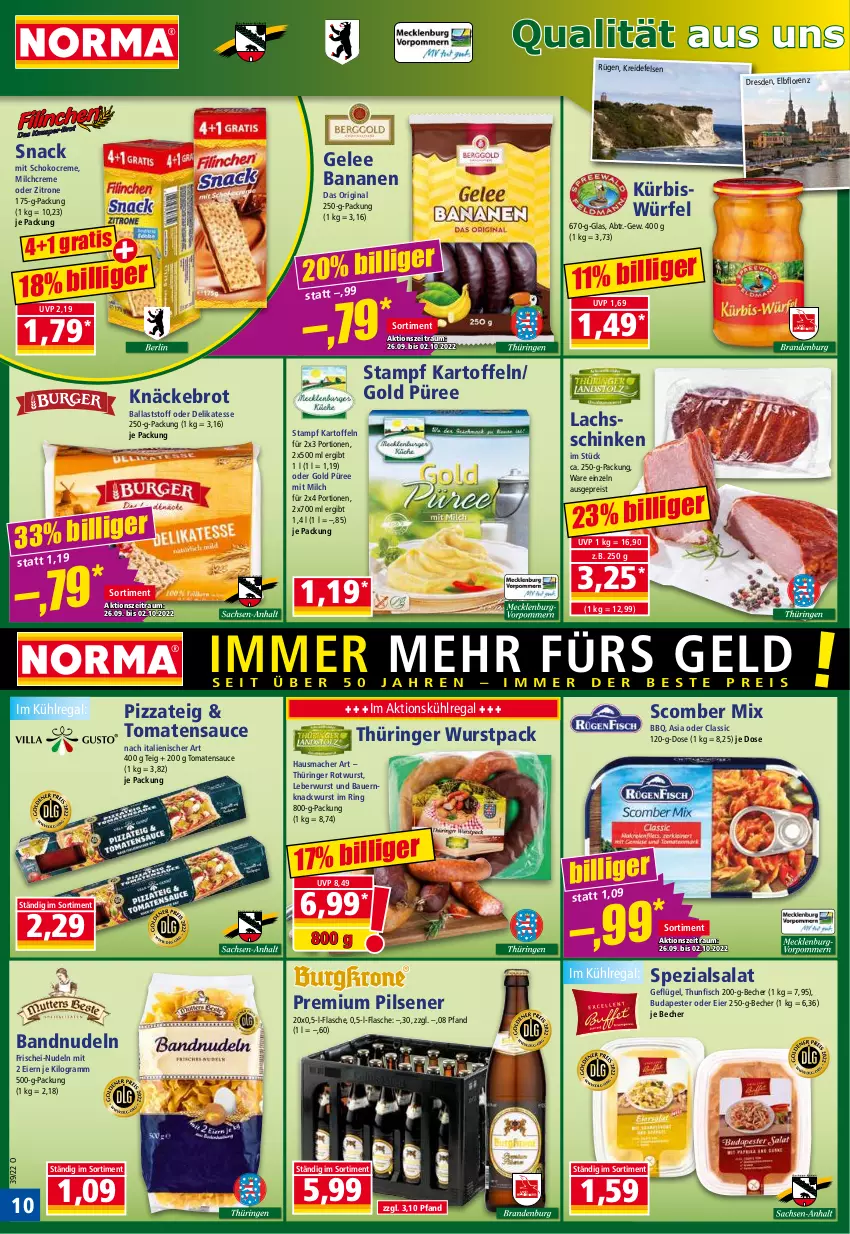 Aktueller Prospekt Norma - Norma - von 26.09 bis 03.10.2022 - strona 10 - produkty: auer, ball, banane, bananen, Bau, Bauer, Becher, brot, creme, eier, eis, fisch, flasche, frischei-nudeln, Geflügel, gelee, gin, Hausmacher, kartoffel, kartoffeln, knäckebrot, Kreide, kühlregal, Kürbis, lachs, lachsschinken, leberwurst, lorenz, mac, milch, nudel, nudeln, pils, pilsener, pizza, Pizzateig, premium pils, püree, regal, reis, ring, Rotwurst, salat, sauce, schinken, schoko, snack, Spezi, thunfisch, Ti, tomate, tomaten, tomatensauce, würfel, wurst, zitrone