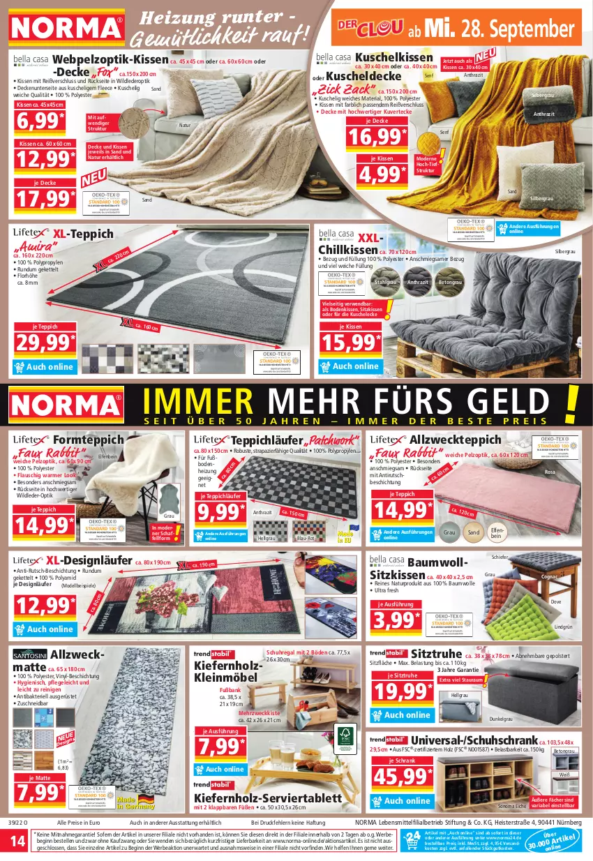 Aktueller Prospekt Norma - Norma - von 26.09 bis 03.10.2022 - strona 14 - produkty: Bank, Bau, baumwolle, Bebe, Cognac, decke, dell, dove, eis, elle, gin, Holz, Kette, kissen, kuscheldecke, Läufer, lebensmittel, LG, möbel, Mode, natur, ndk, regal, reis, Ria, rwe, Schaffell, Schrank, schuhregal, schuhschrank, senf, Serviertablett, sitzkissen, Sitztruhe, sonoma eiche, Spiele, tablet, tablett, teppich, Ti, uhr, weck, Wild, wolle