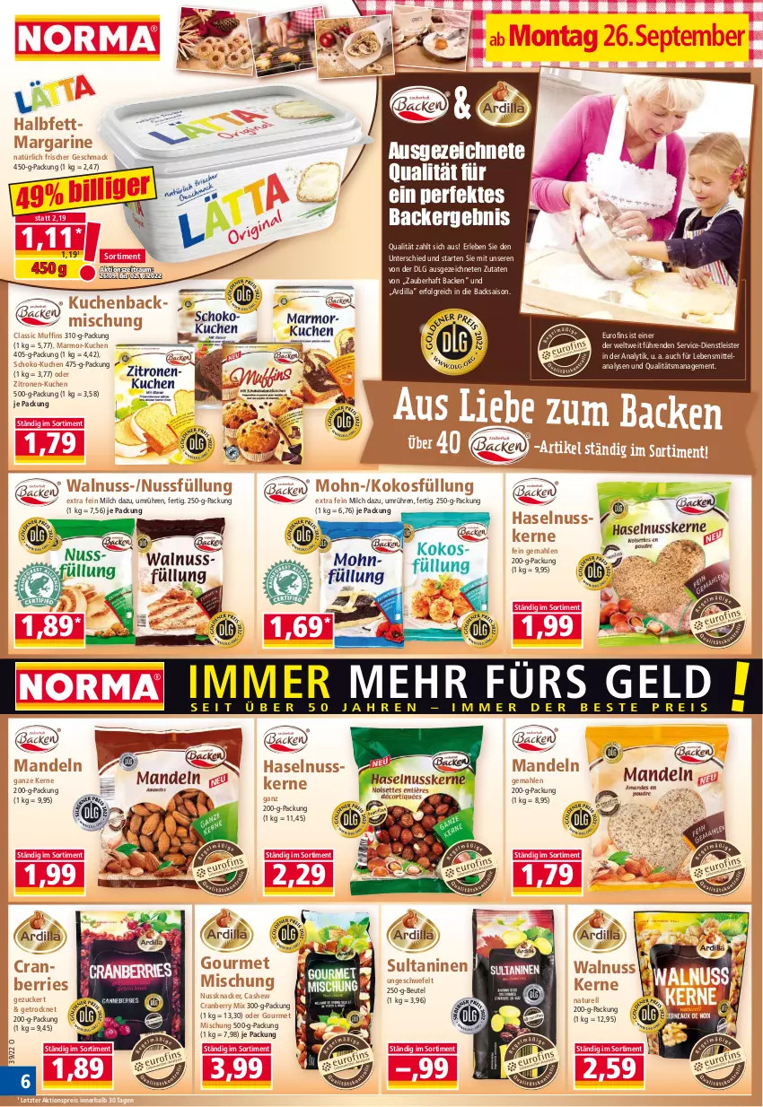 Aktueller Prospekt Norma - Norma - von 26.09 bis 03.10.2022 - strona 6 - produkty: aktionspreis, backmischung, beutel, Cashew, cranberries, cranberry, eis, Elan, halbfettmargarine, haselnuss, knacker, kokos, kuchen, lebensmittel, LG, mac, mandel, mandeln, margarine, milch, Muffin, muffins, natur, nuss, Nussknacker, reis, rel, schoko, Ti, walnuss, Walnuss Kerne, zitrone, zitronen, ZTE, zucker