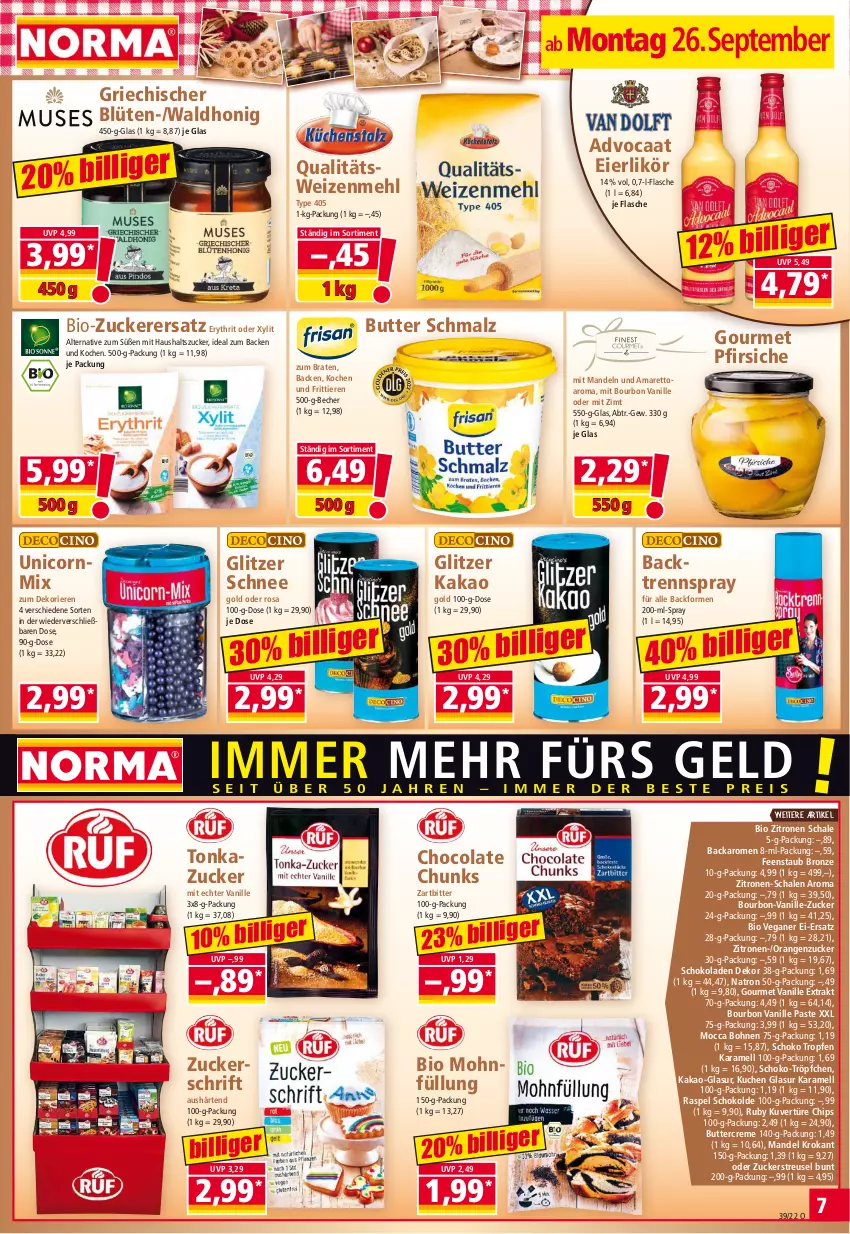 Aktueller Prospekt Norma - Norma - von 26.09 bis 03.10.2022 - strona 7 - produkty: Amaretto, Backform, Becher, bio, Blüte, bohne, bohnen, bourbon, bourbon vanille, braten, butter, chips, cola, creme, eier, eierlikör, flasche, honig, kakao, karamell, kuchen, Kuchen Glasur, likör, malz, mandel, mandeln, mehl, orange, orangen, pfirsich, pfirsiche, Schal, Schale, Schmalz, schoko, schokolade, schokoladen, Ti, Tiere, type 405, vanille, weizenmehl, zitrone, zitronen, zucker